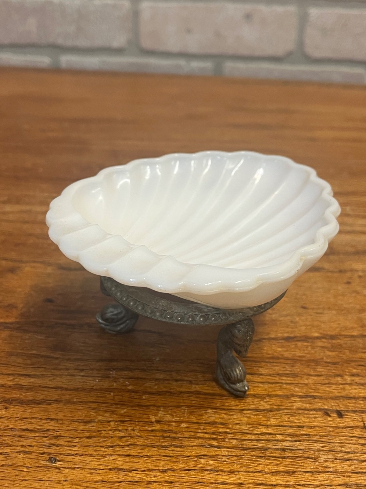 Vintage Ring of Fire Scalloped Milk Glass Soap Dish Mounted to Metal Dolphin Sta