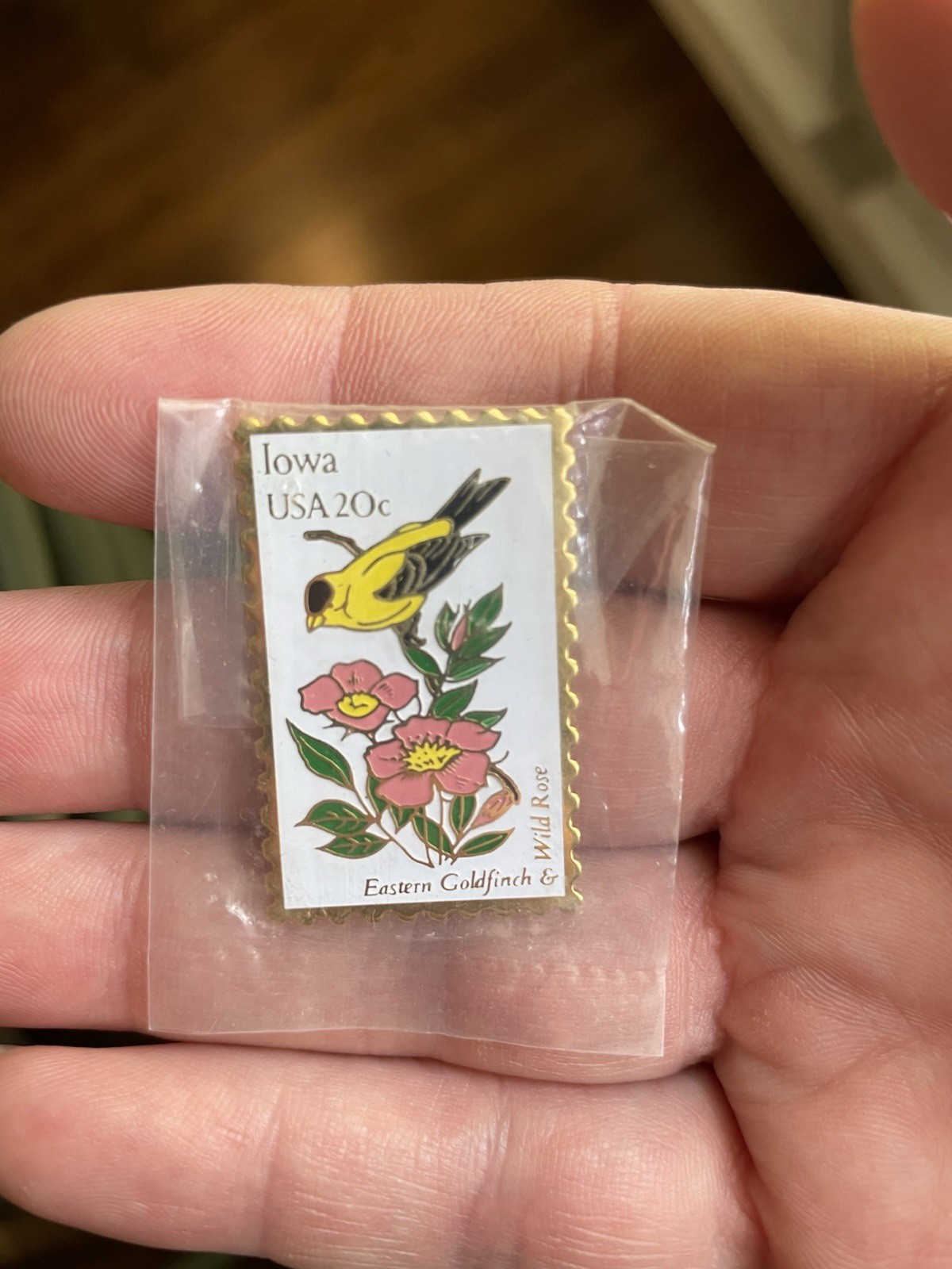 USPS Iowa State Bird Flower Stamp Pin Eastern Goldfinch Wild Rose Cloisonne
