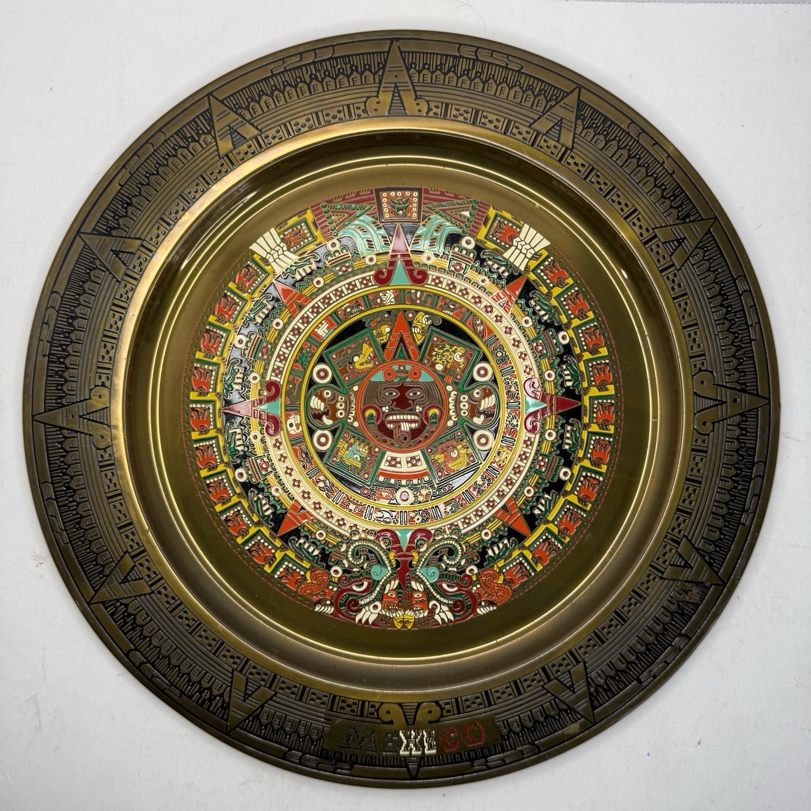 Vintage Set 11″ Aztec Sun Calendar Wall Plate Abalone Shell Inlay & Brass Mexico