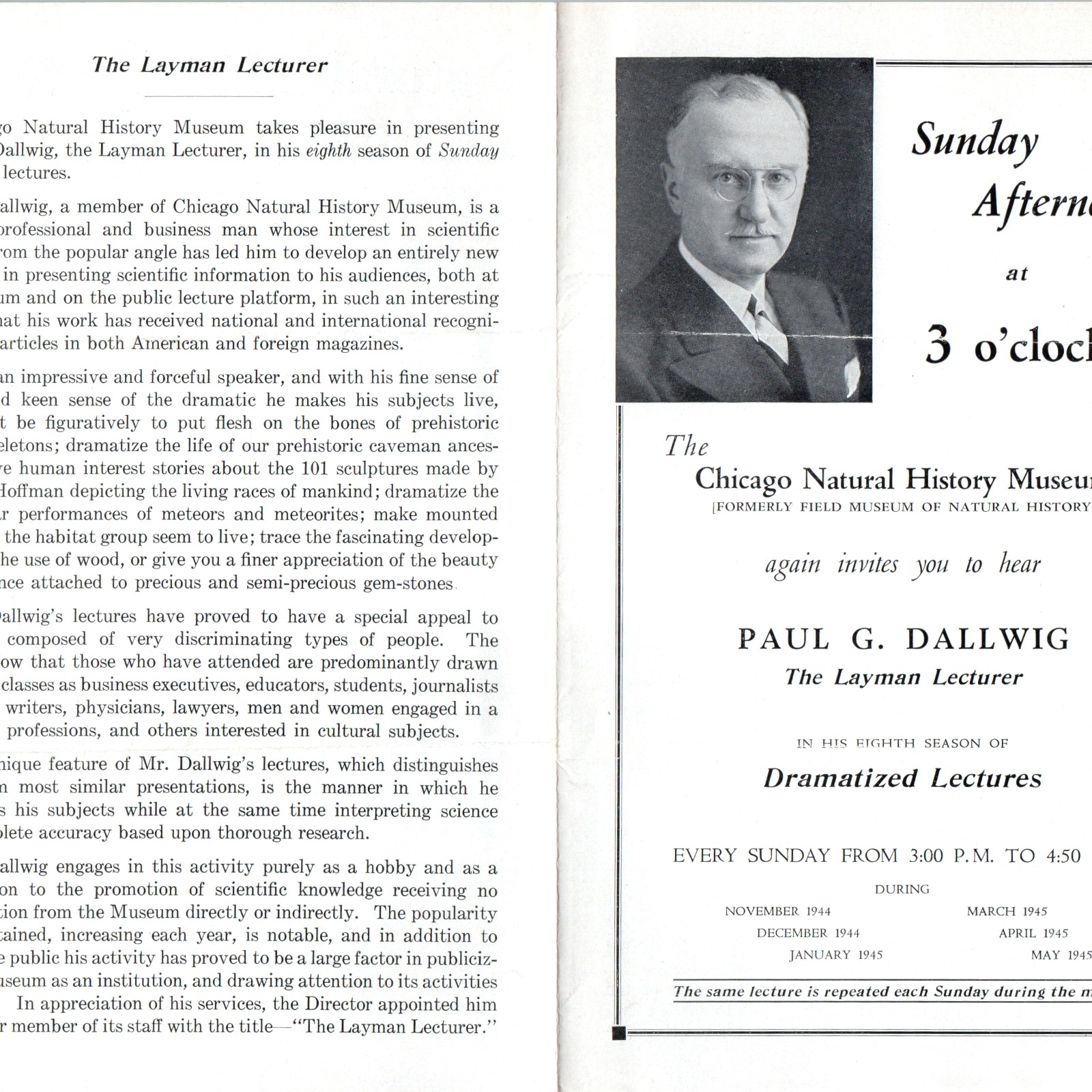 1944 Chicago Natural History Museum Lecture Program Brochure Paul Dallwig Vtg