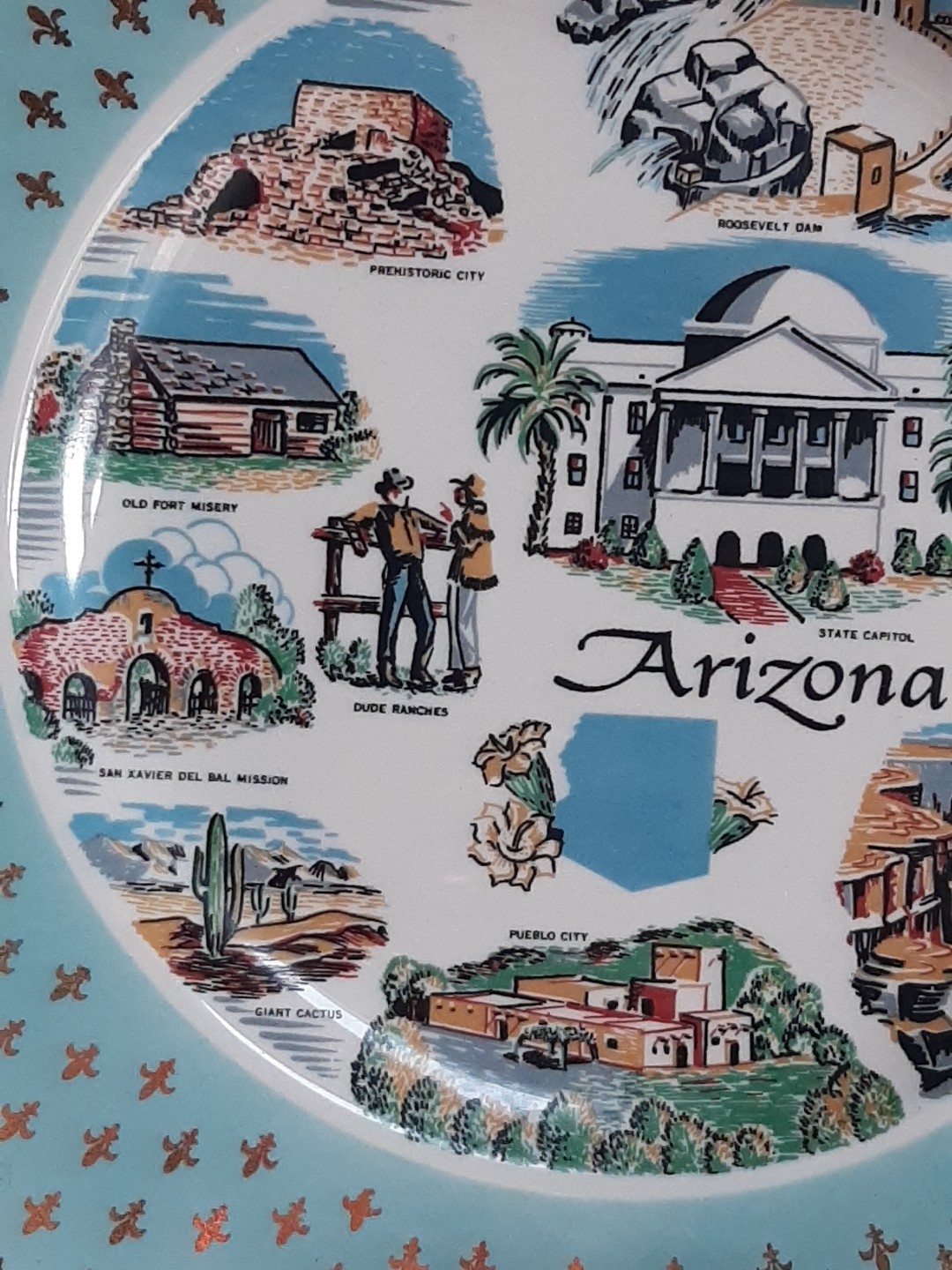 Vtg MCM Mid Century State of Arizona Collectible Square Souvenir Plate Teal
