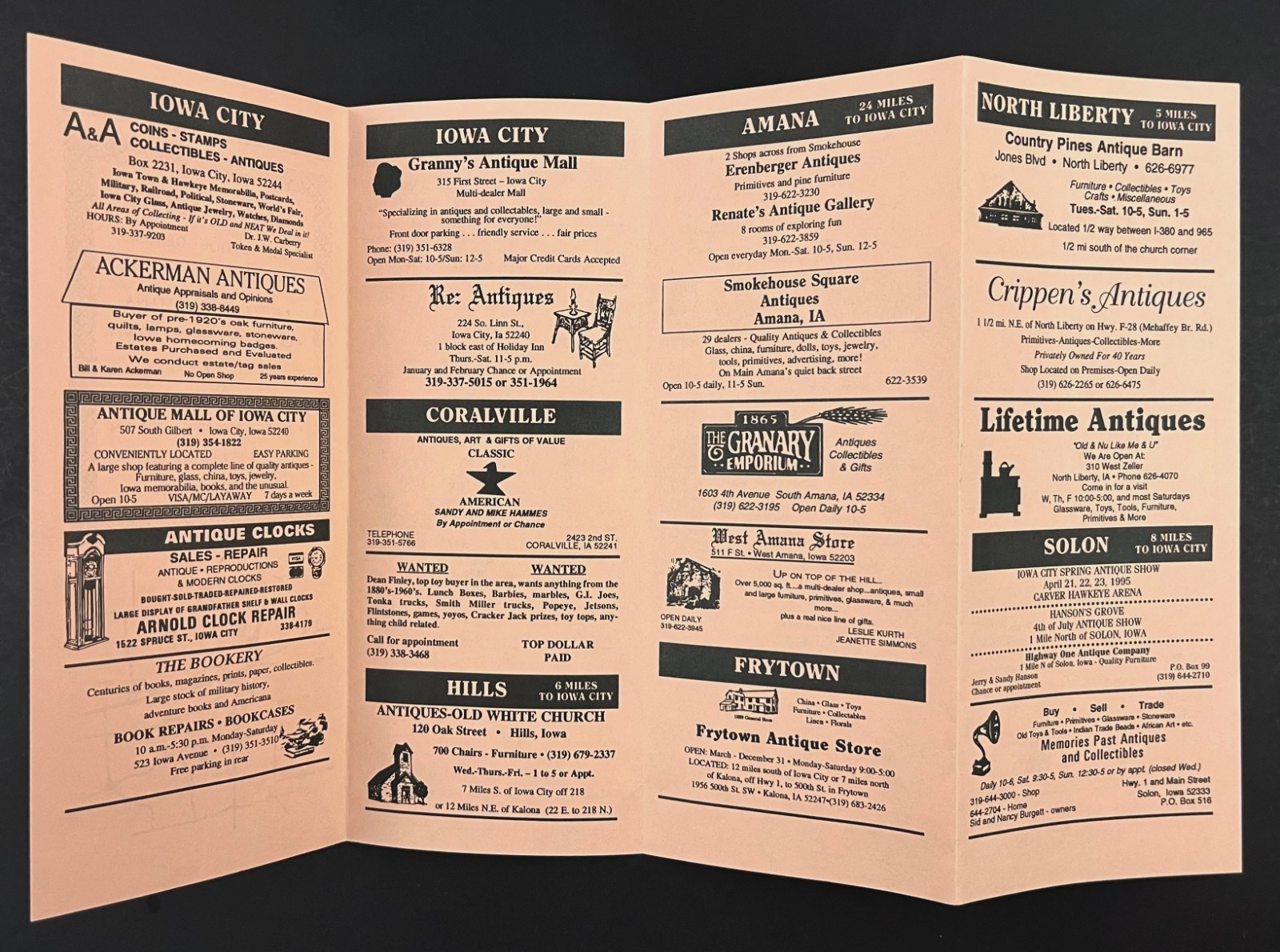 1995 Iowa City Antique Dealers Guide Frytown Kalona Liberty Vernon VTG Brochure