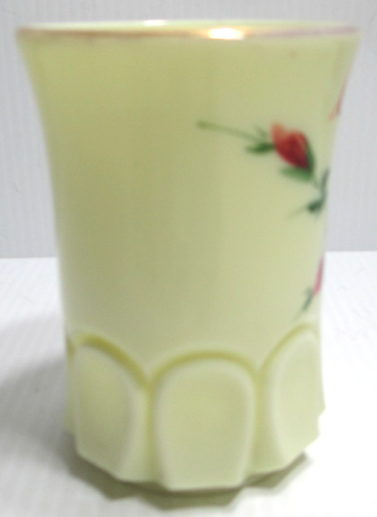 Antique Jefferson Custard Glass Souvenir Tumbler Cottonwood Lake ND Floral 4″ T