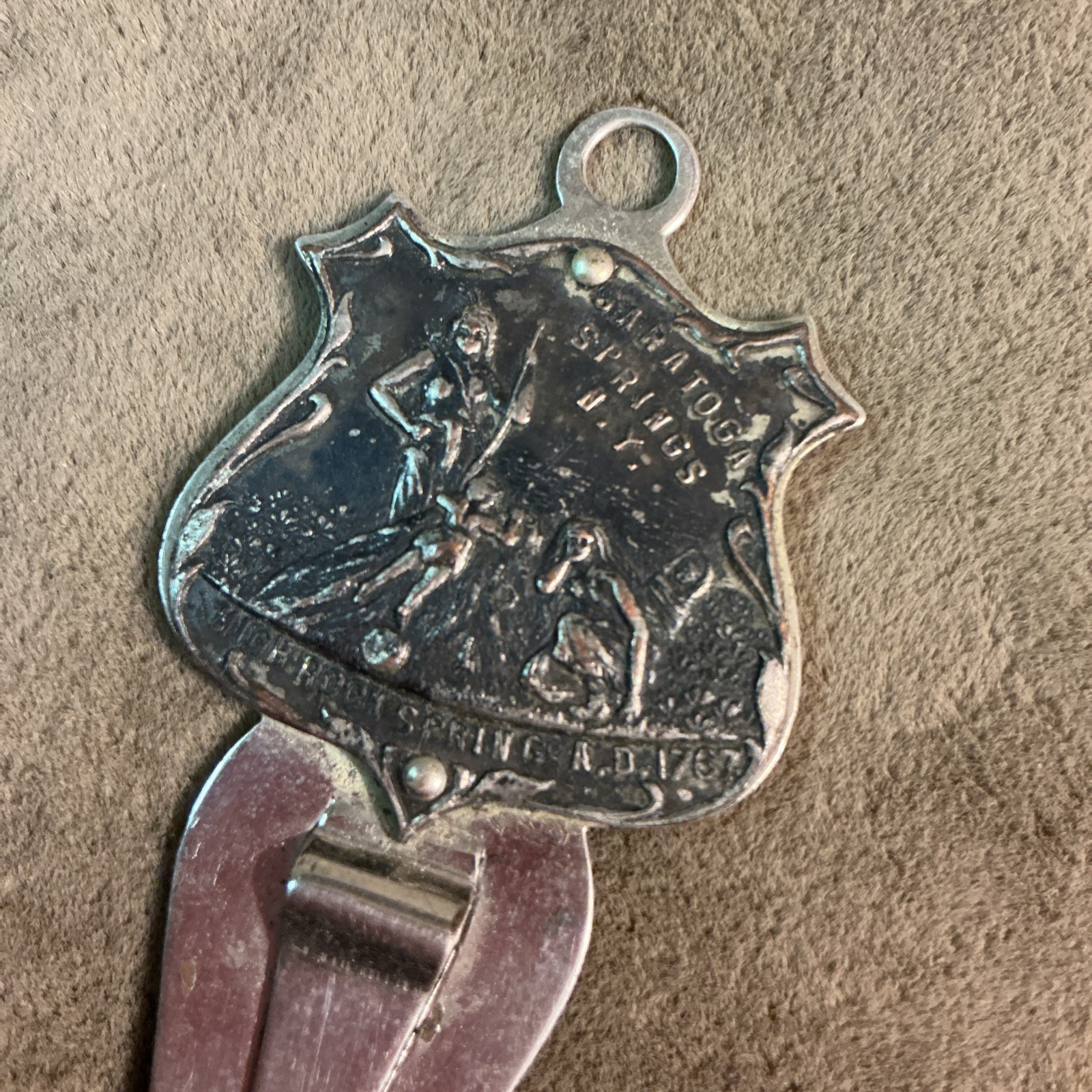 Antique souvenir Saratoga Springs New York bookmark open with maiden design