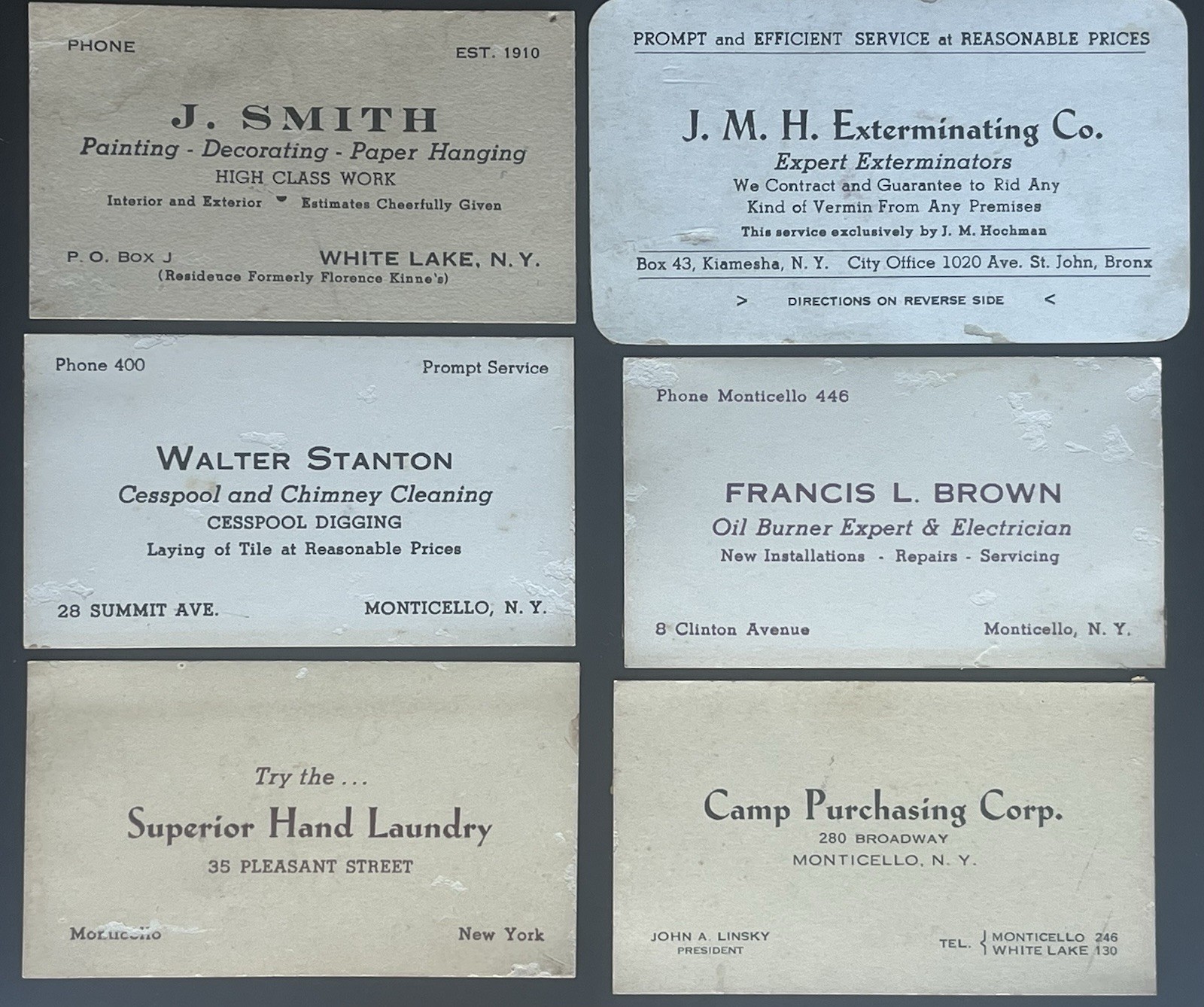 1940’s Jewish Resort Business Card Borscht Belt – Lot Of 6 Tradesmen Cards, N.Y.