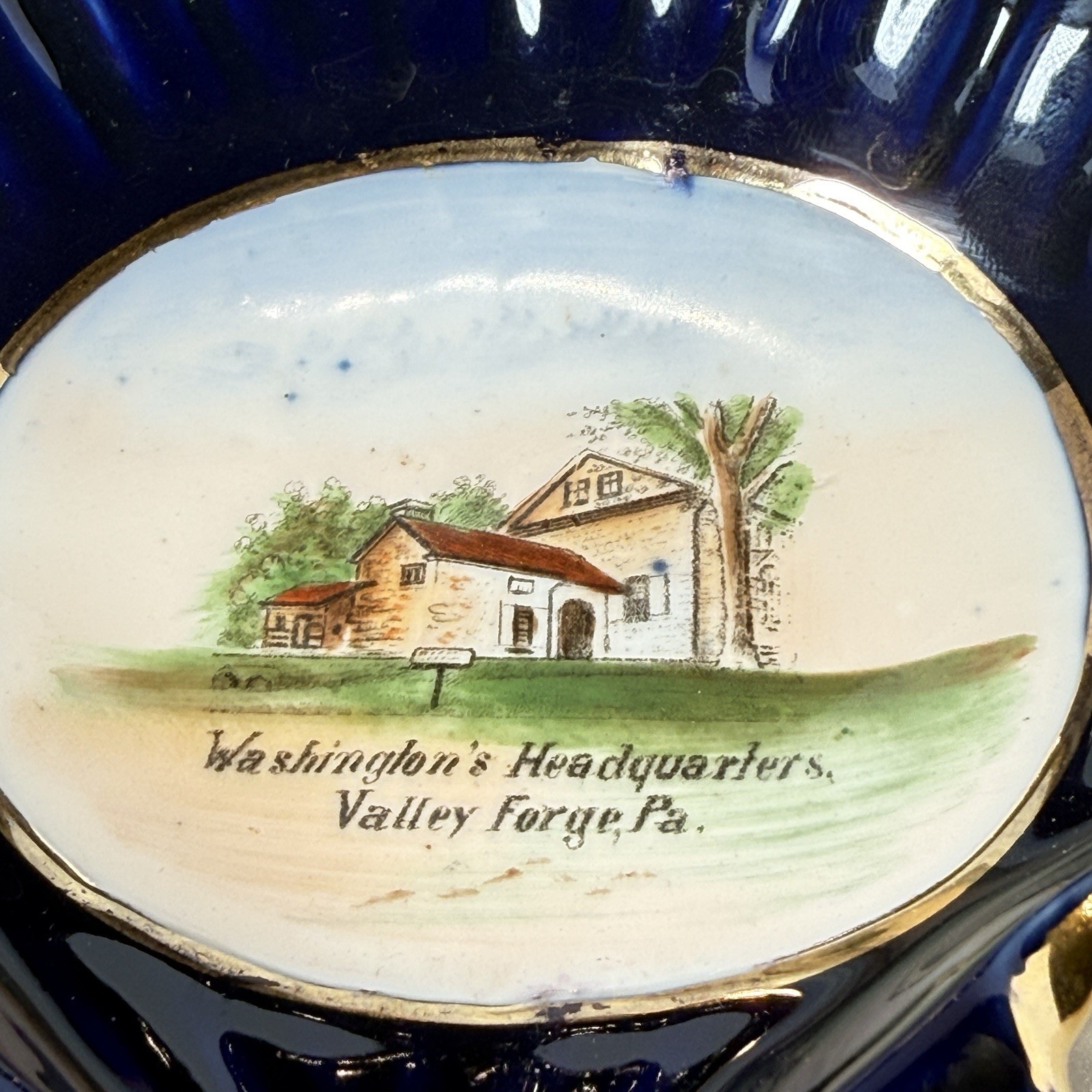 VALLEY FORGE PA Pennsylvania WASHINGTON Antique COBALT Souvenir TRINKET DISH