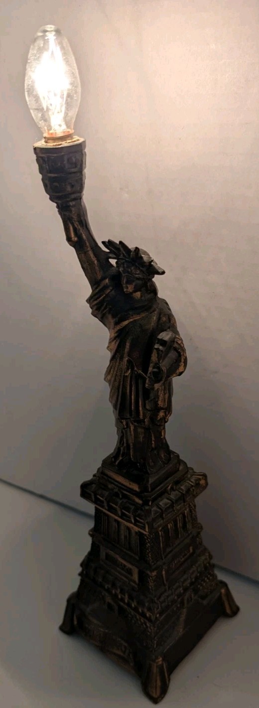 VTG Metal Statue of Liberty Lamp Figurine Bronze Copper NightLight NYC Souvenir