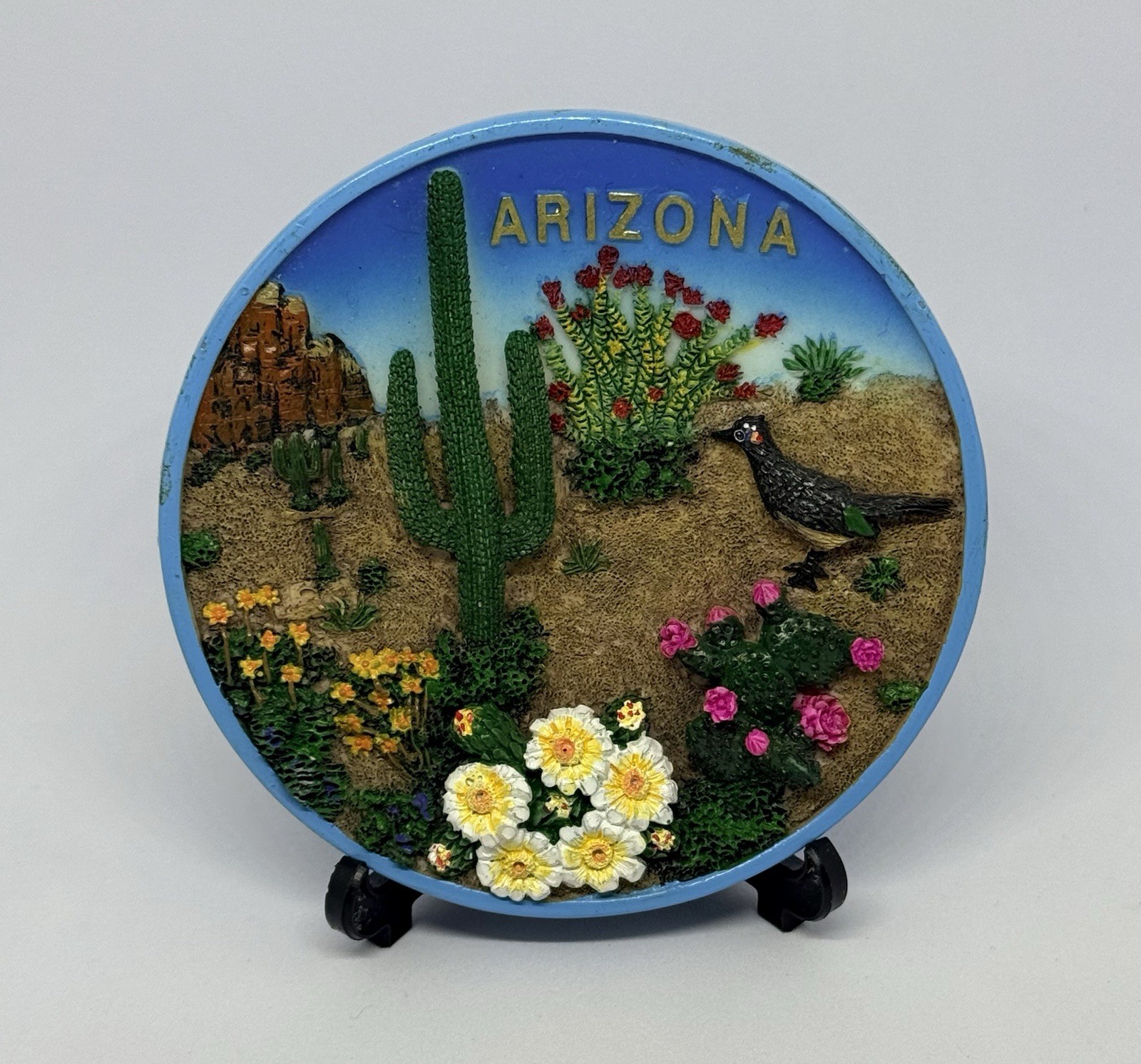 VTG 2000 Arizona Souvenir Plate 3D Resin SNCO Roadrunner Cactus 4″ Display