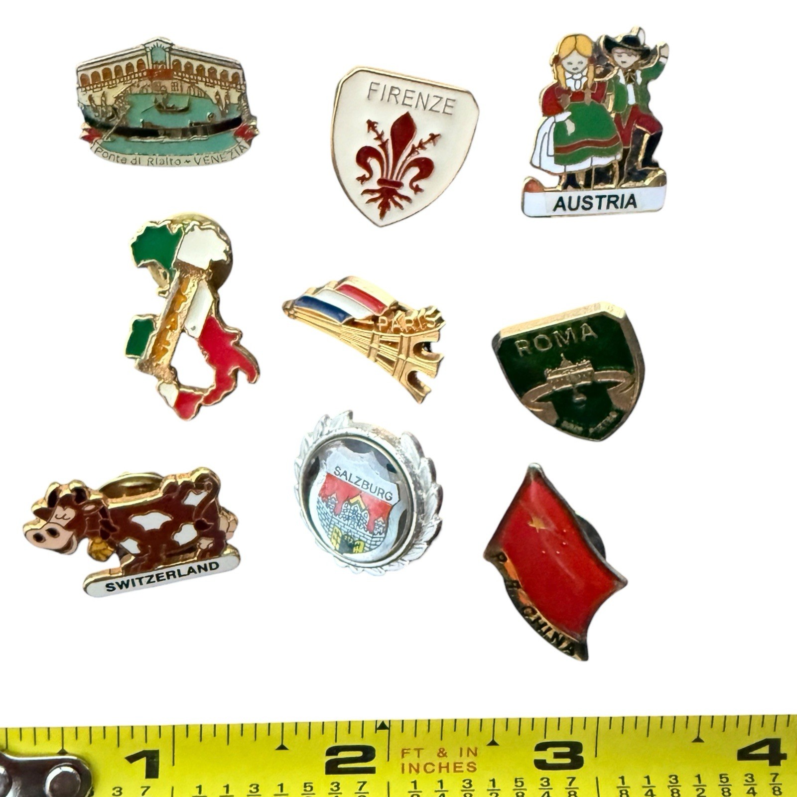 Vintage Souvenir Lapel Pins Lot Of 9 Austria Switzerland Roma Italy Salzburg