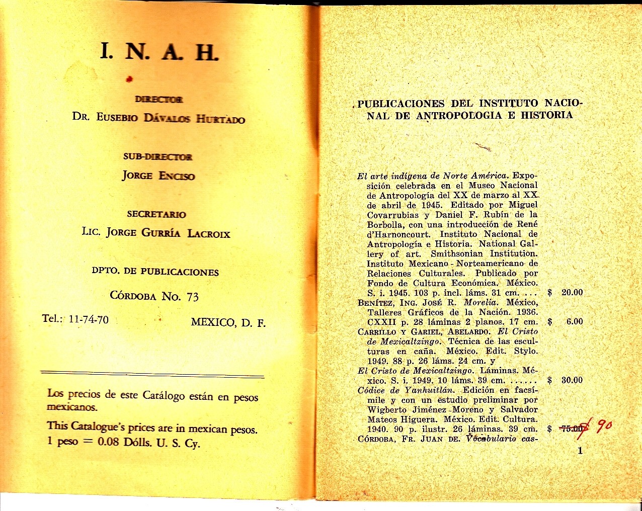 I. N. A. H. Lisa General de Precios Instituto Nacional Antropologia Mexico 1956
