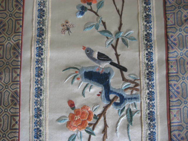 Oriental Embroidery Panel Wall Hanging Silk 16 x 9 in. Set of 3