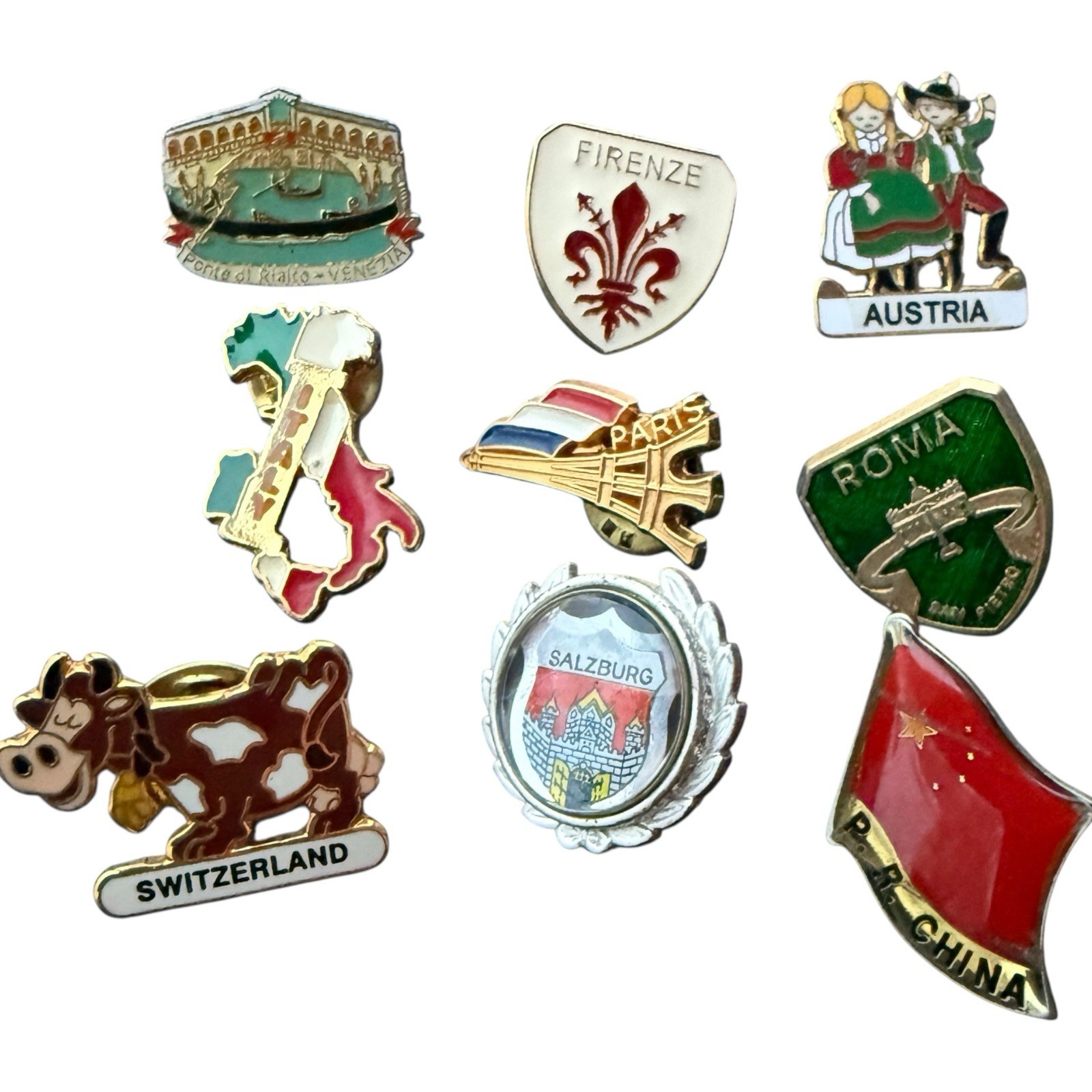 Vintage Souvenir Lapel Pins Lot Of 9 Austria Switzerland Roma Italy Salzburg