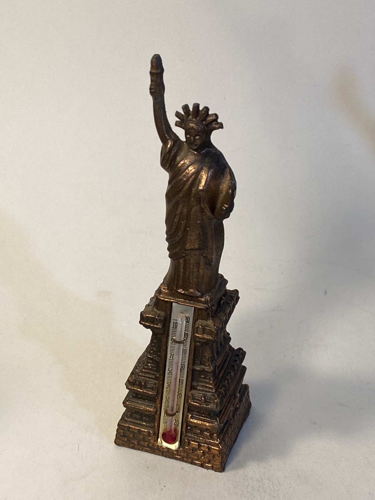 Vtg Statue of Liberty Thermometer Figurine 6″ Brass Tone Metal Made in Japan