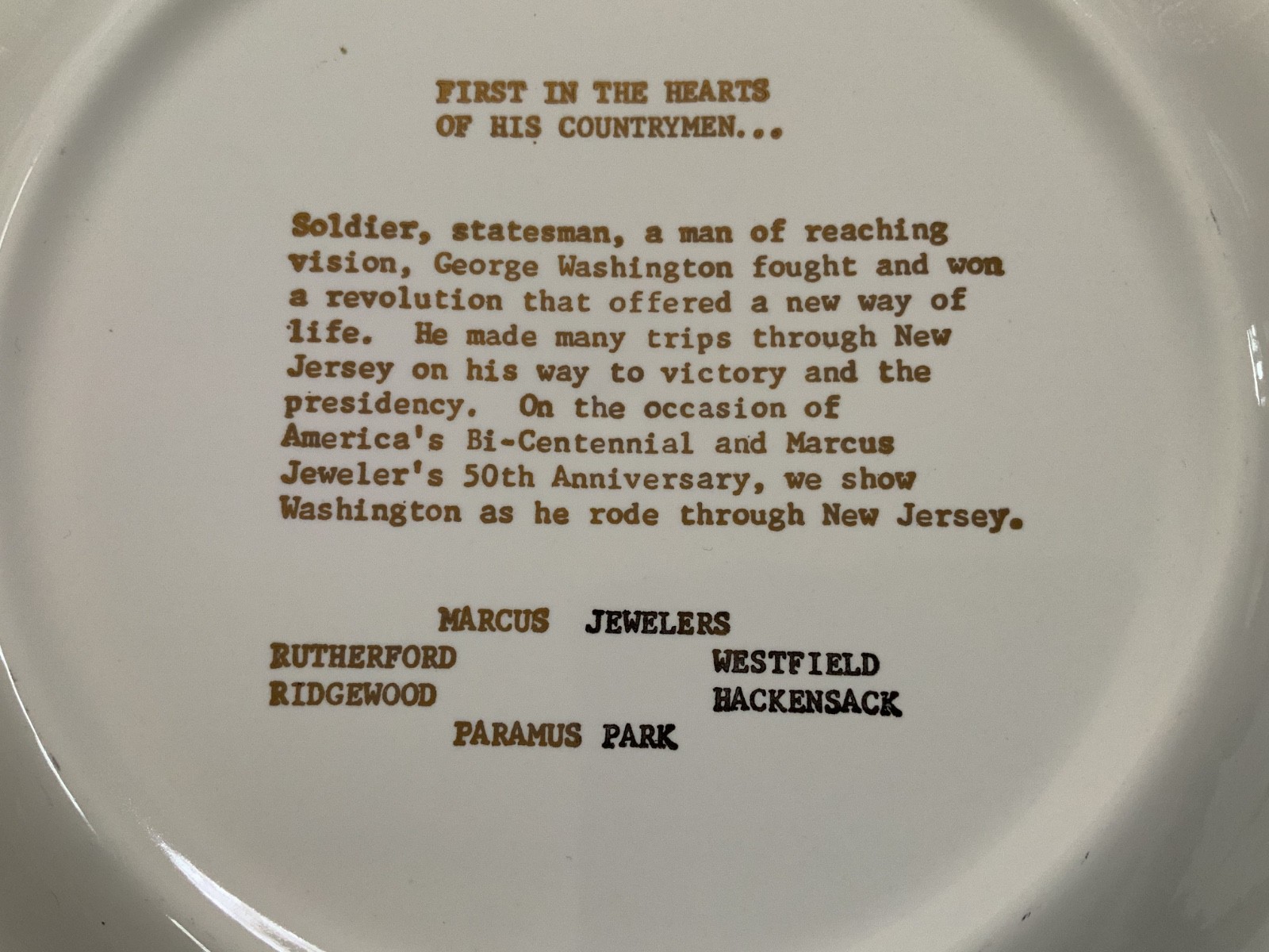 Advertising Bi-Centennial 1776-1976 Calendar Plate G. Washington in NJ Very Good