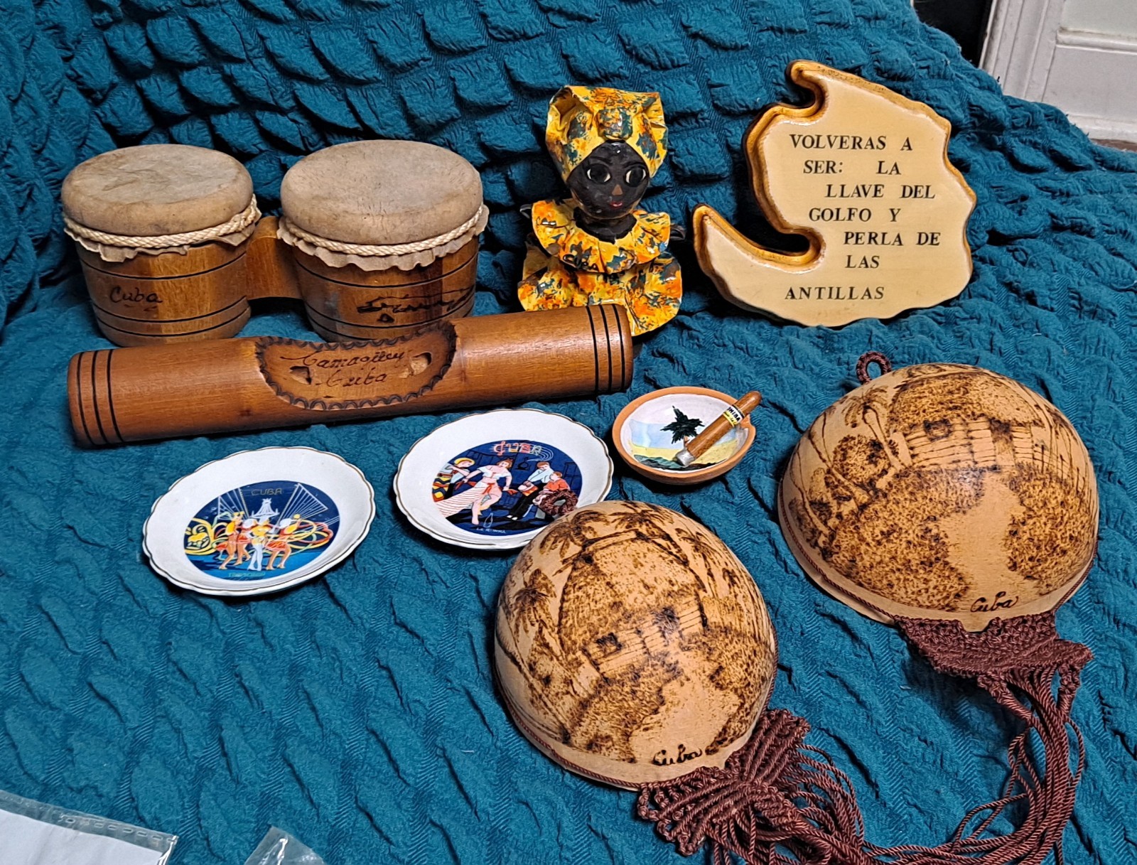 Cuba Souvenir Wall Painted, Mini Plates/Coasters, Small Drum Set, Doll & Plaque