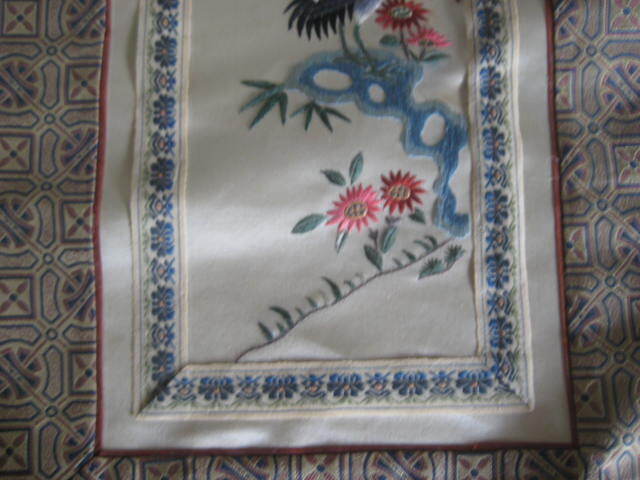 Oriental Embroidery Panel Wall Hanging Silk 16 x 9 in. Set of 3