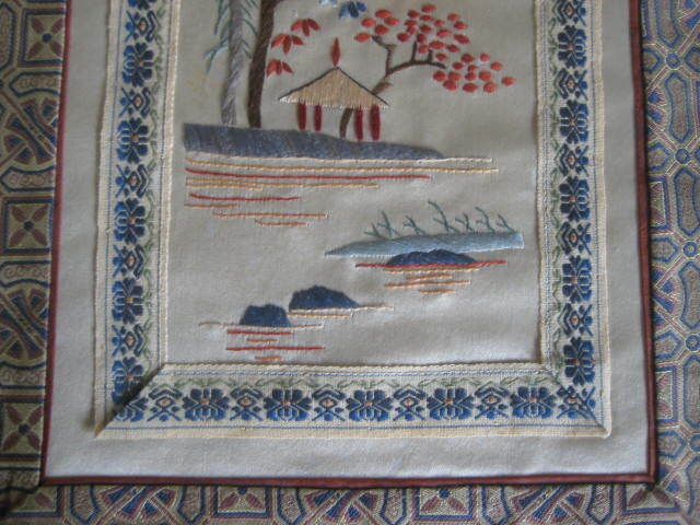 Oriental Embroidery Panel Wall Hanging Silk 16 x 9 in. Set of 3