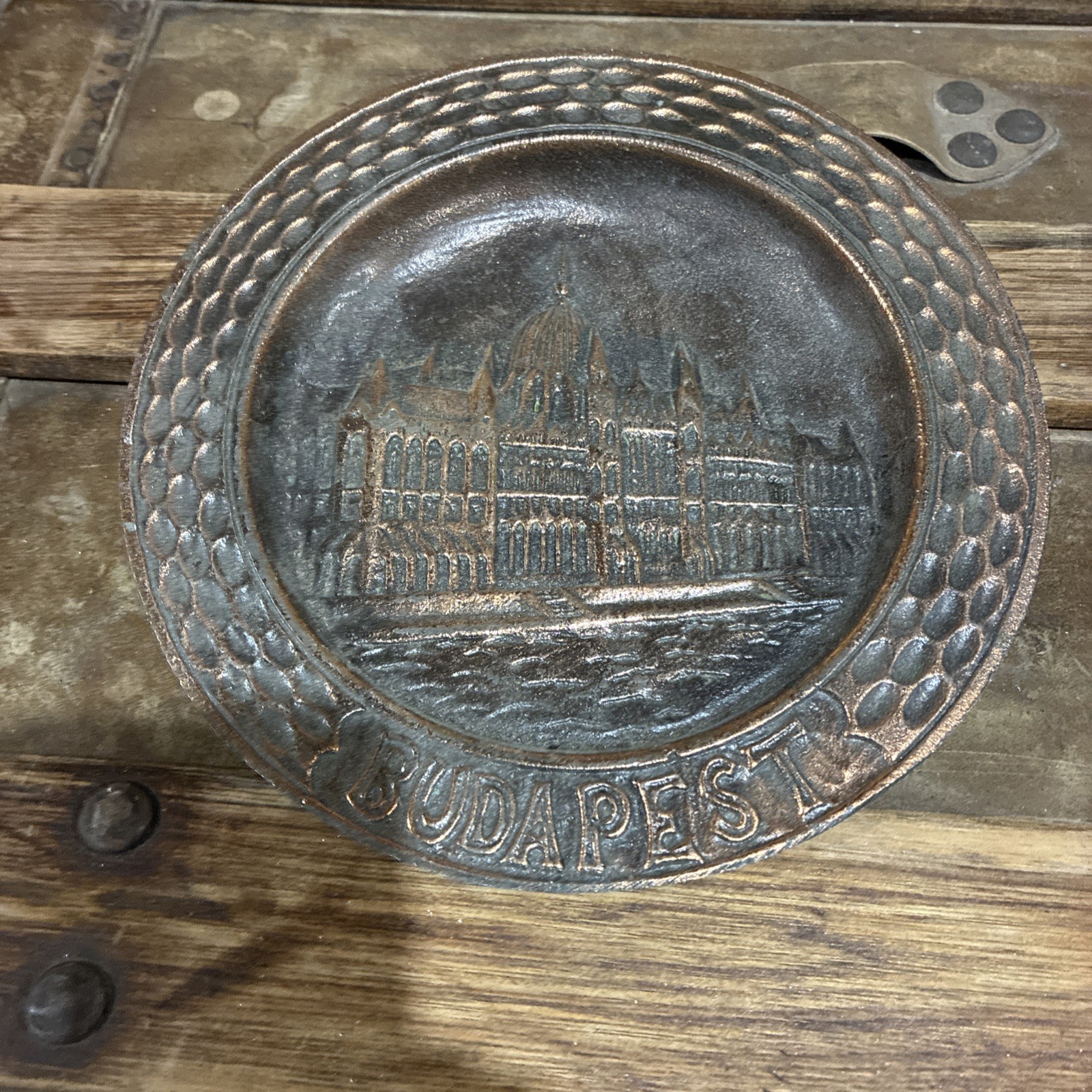 Vintage Hungarian Budapest cityscape ornate copper wall hanging