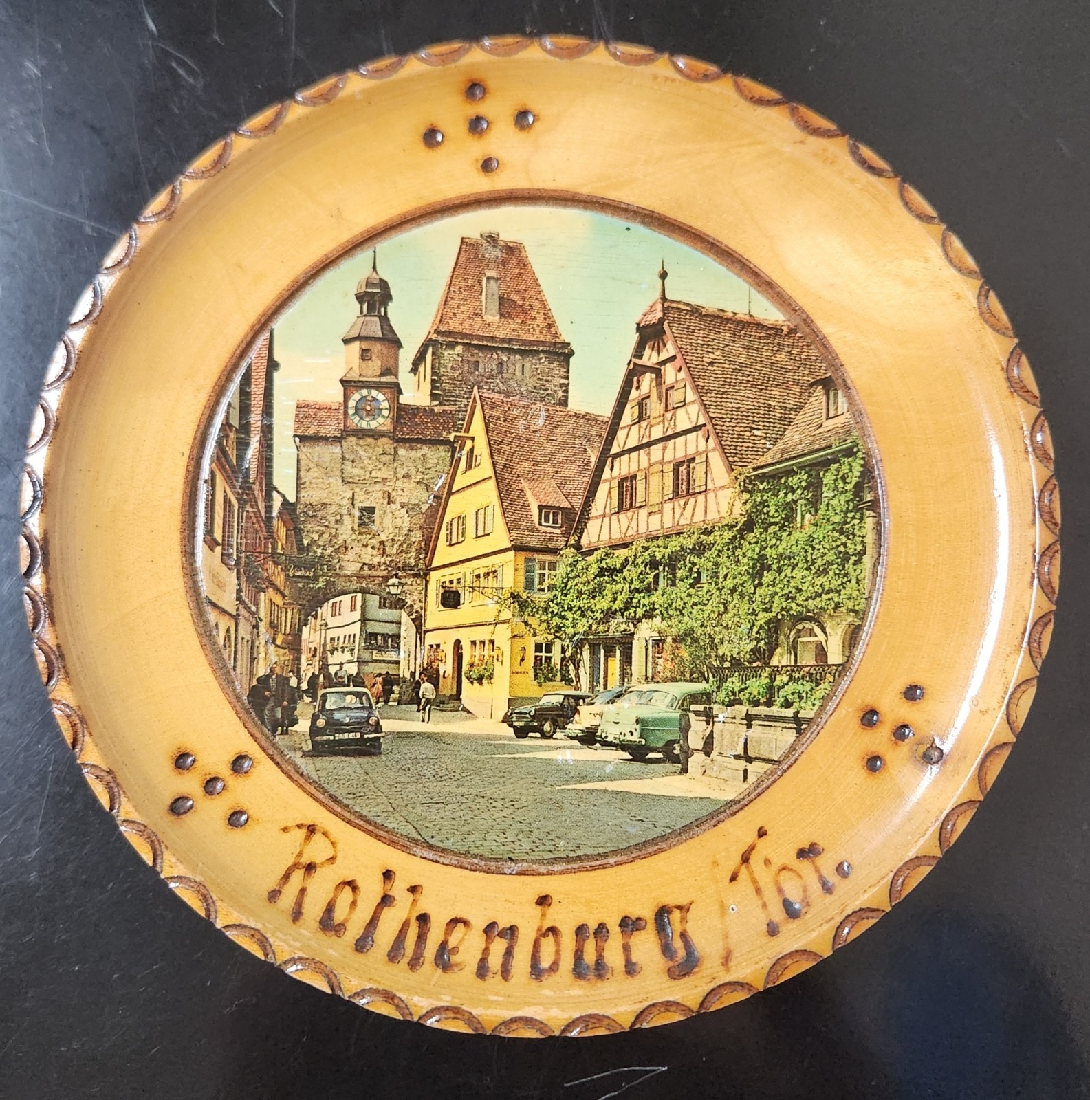 Vintage Rothenburg Tor Hand Painted Wooden German Souvenir Plate 1950’s