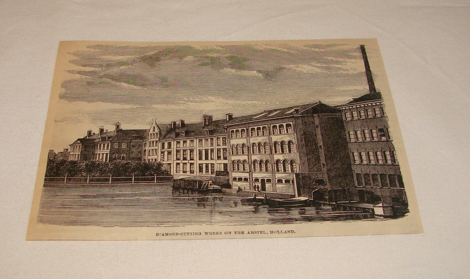 1876 magazine engraving ~ DIAMOND-CUTTING WORKS ON AMSTEL, Holland