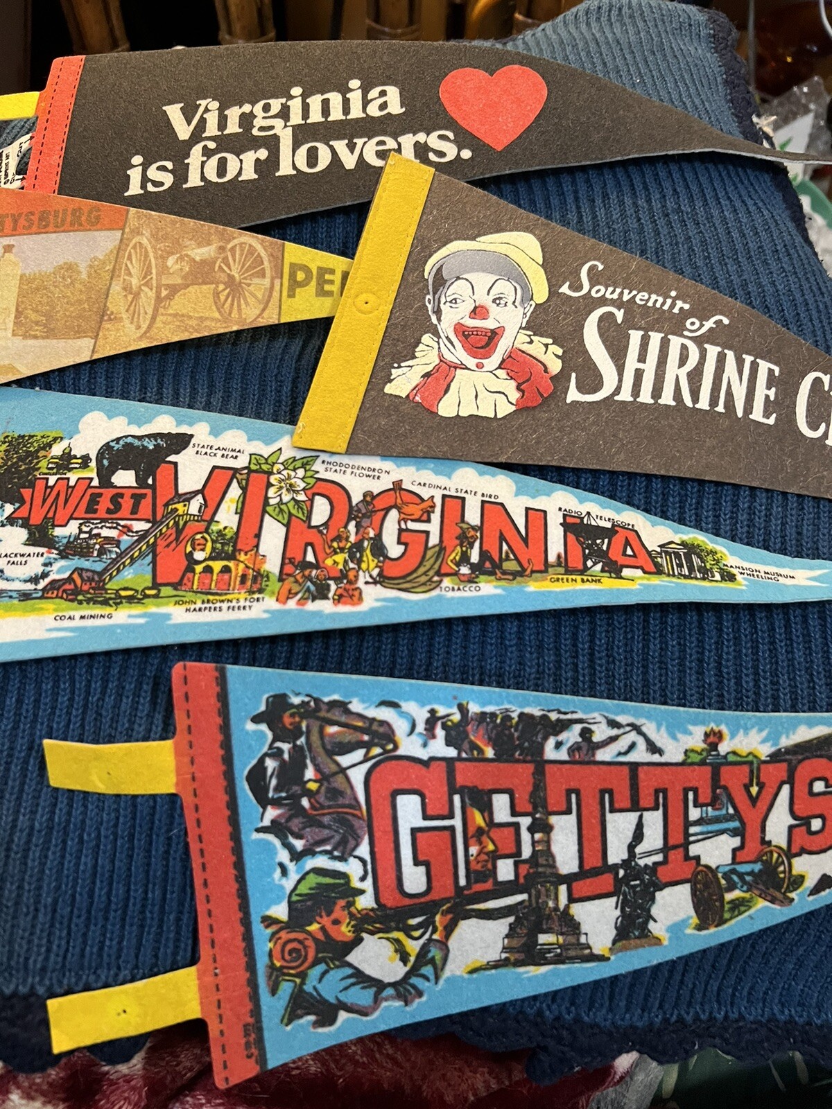 VTG LOT SOUVENIR PENANTS VA, PA, GETTYSBURGH, WVA, SHRINER CIRCUS