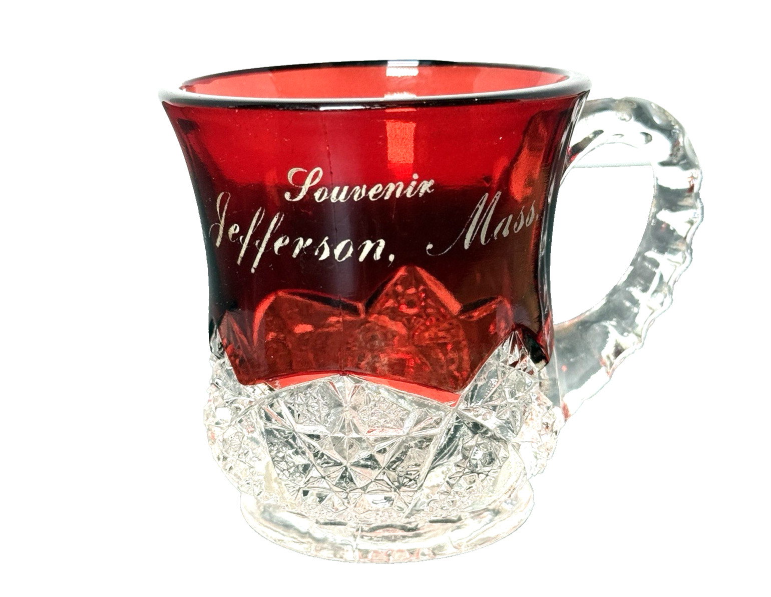 JEFFERSON MA Massachusetts Ruby Red Flash Souvenir Glass CUT GLASS CUP MUG