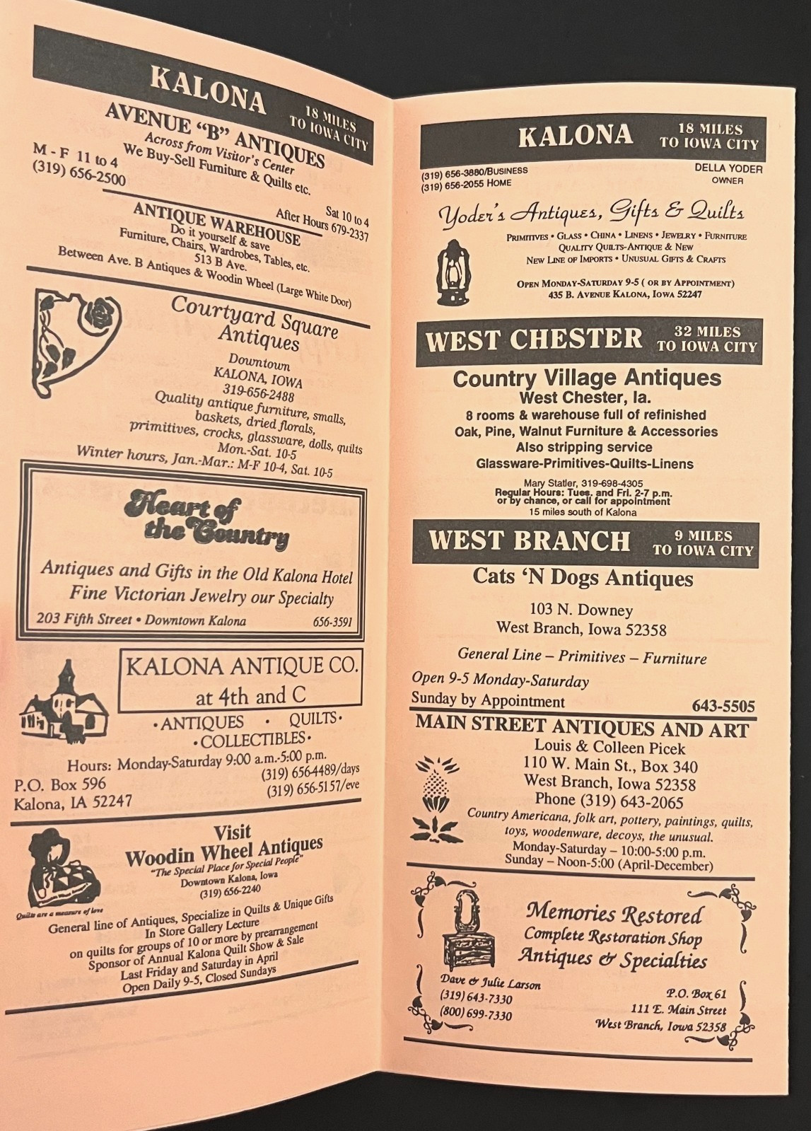 1995 Iowa City Antique Dealers Guide Frytown Kalona Liberty Vernon VTG Brochure