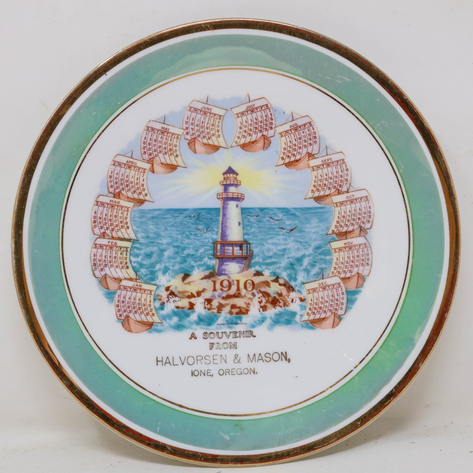 Antique 1910 Advertising Calendar Plate Ione Oregon Lighthouse Halvorsen & Mason