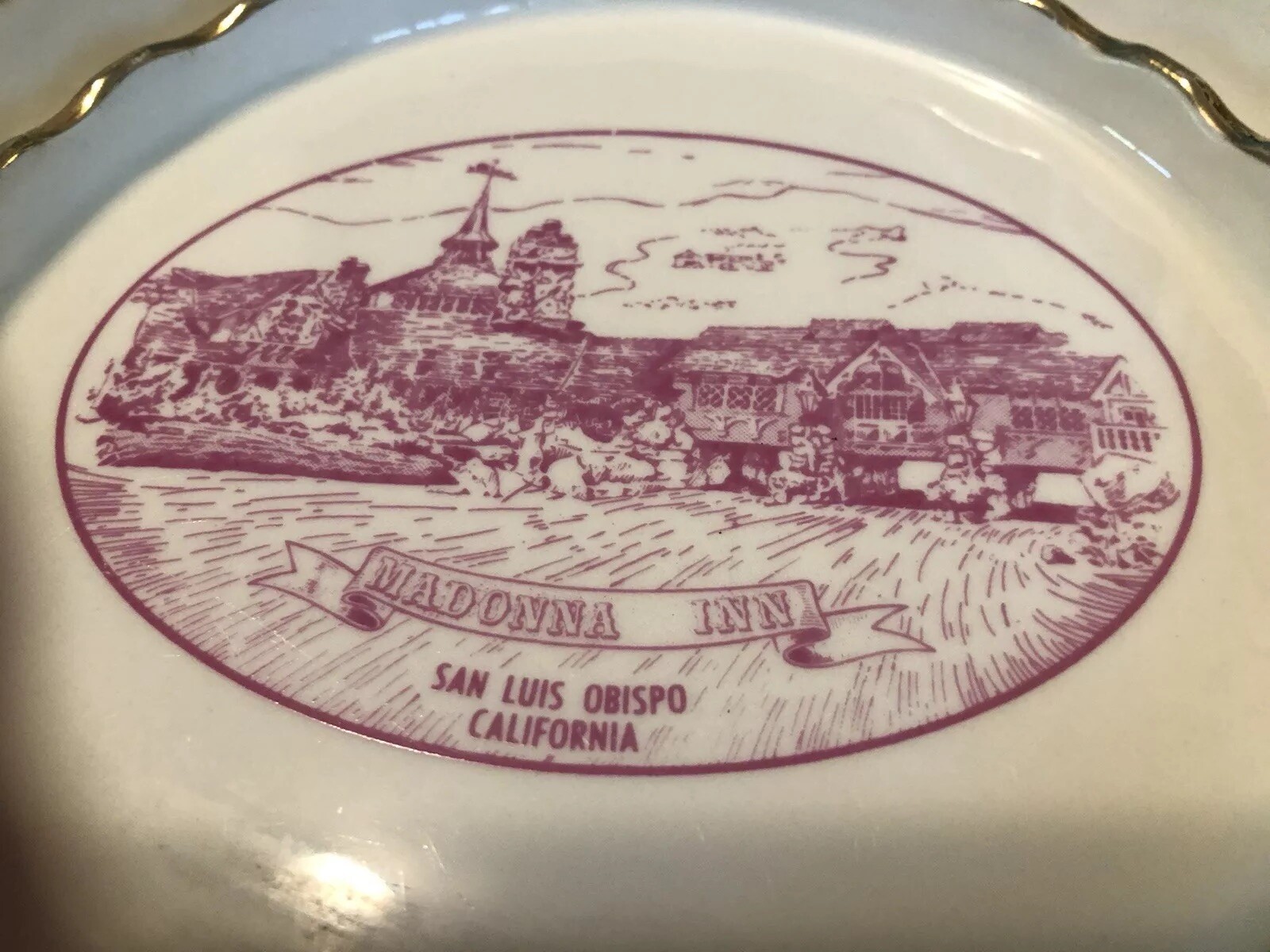 Vtg Madonna Inn Ceramic Ashtray Trinket Dish Gold Edges San Luis Obispo CA Hotel