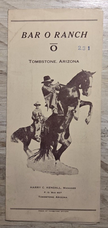 c1920 Bar O Ranch Tombstone, Arizona Rustic Recreational Camping Travel Brochure