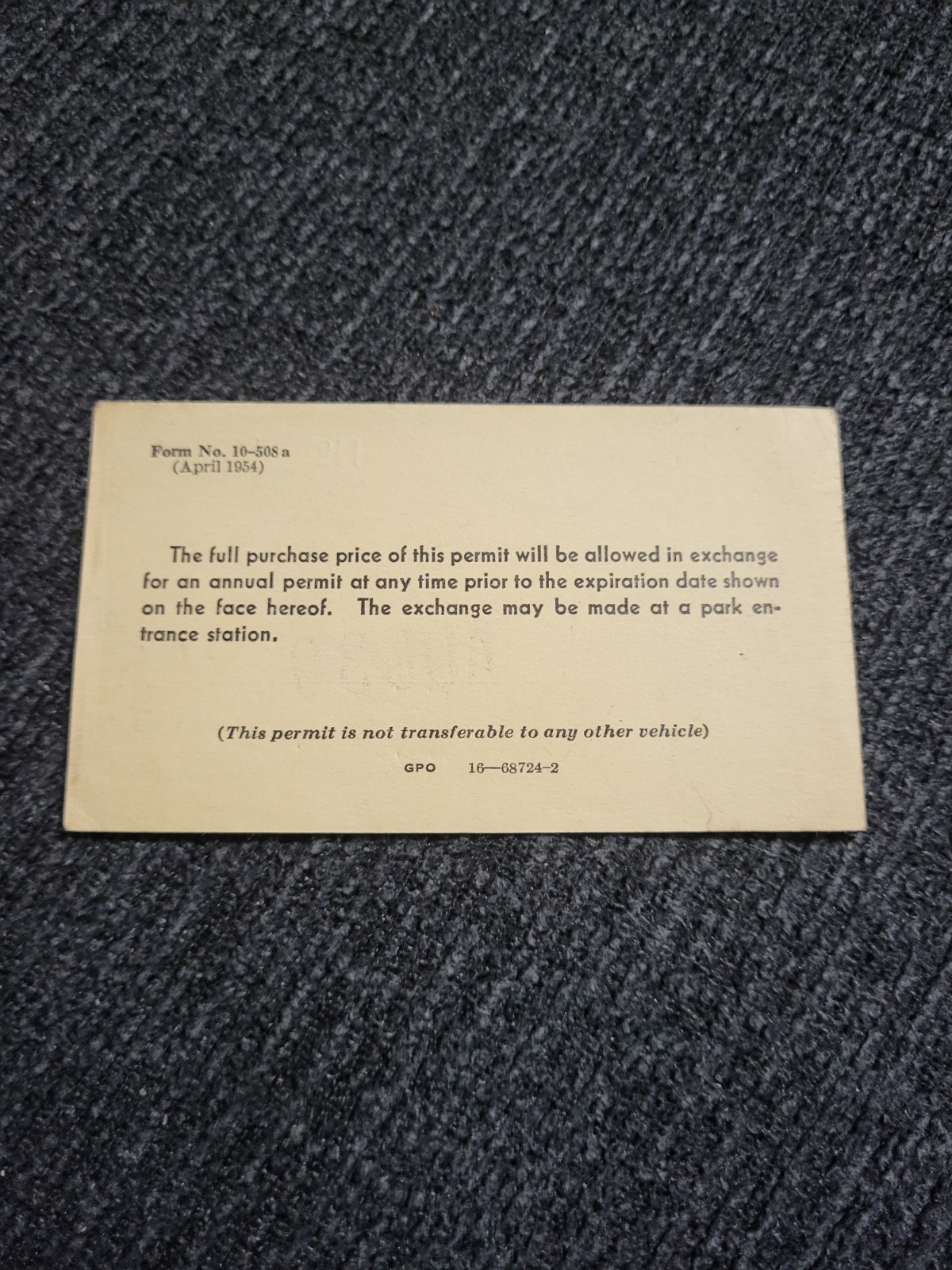 1955 August 30th Colorado Rocky Mountain National Park 15 Day Auto Permit Pass