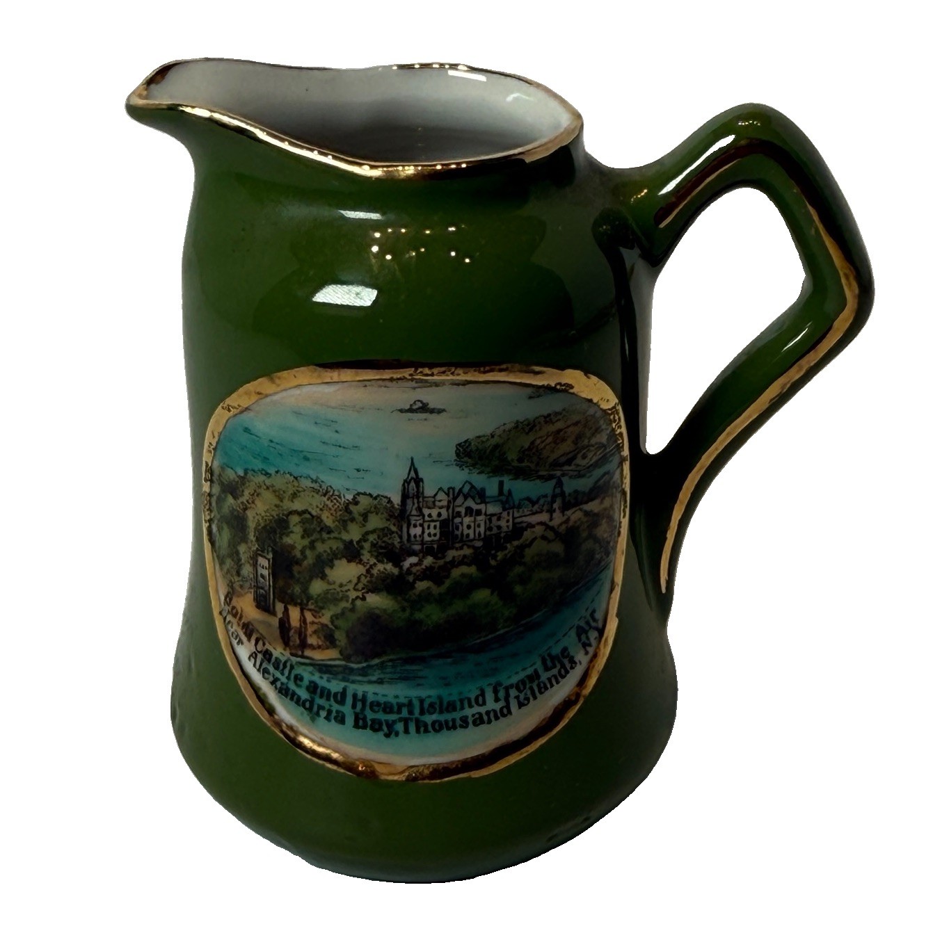 THOUSAND ISLAND NY NEW YORK Souvenir Porcelain CASTLE Trinket GREEN Creamer