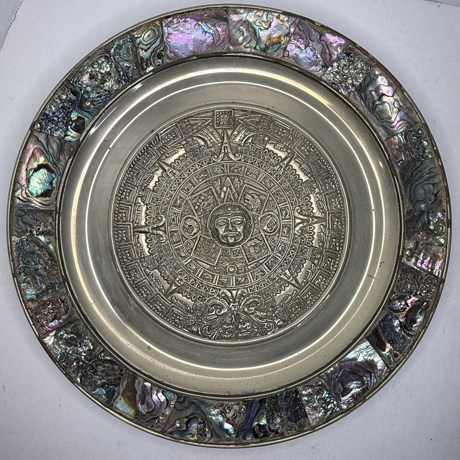 Vintage Set 11″ Aztec Sun Calendar Wall Plate Abalone Shell Inlay & Brass Mexico