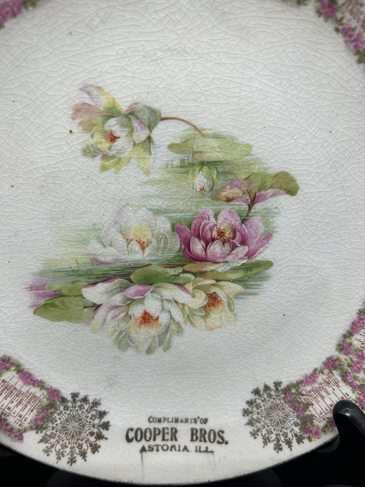 Antique 1911 12-Month Calendar Plate, Cooper Brothers Astoria, Illinois