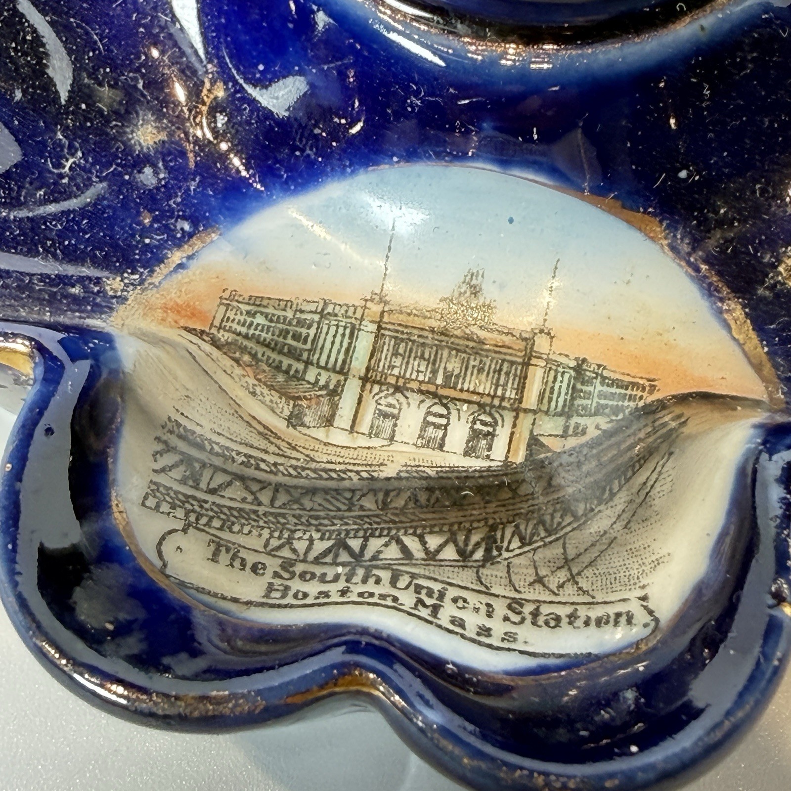 SOUTH UNION STATION BOSTON MA Massachusetts Souvenir Porcelain COBALT TRINKET
