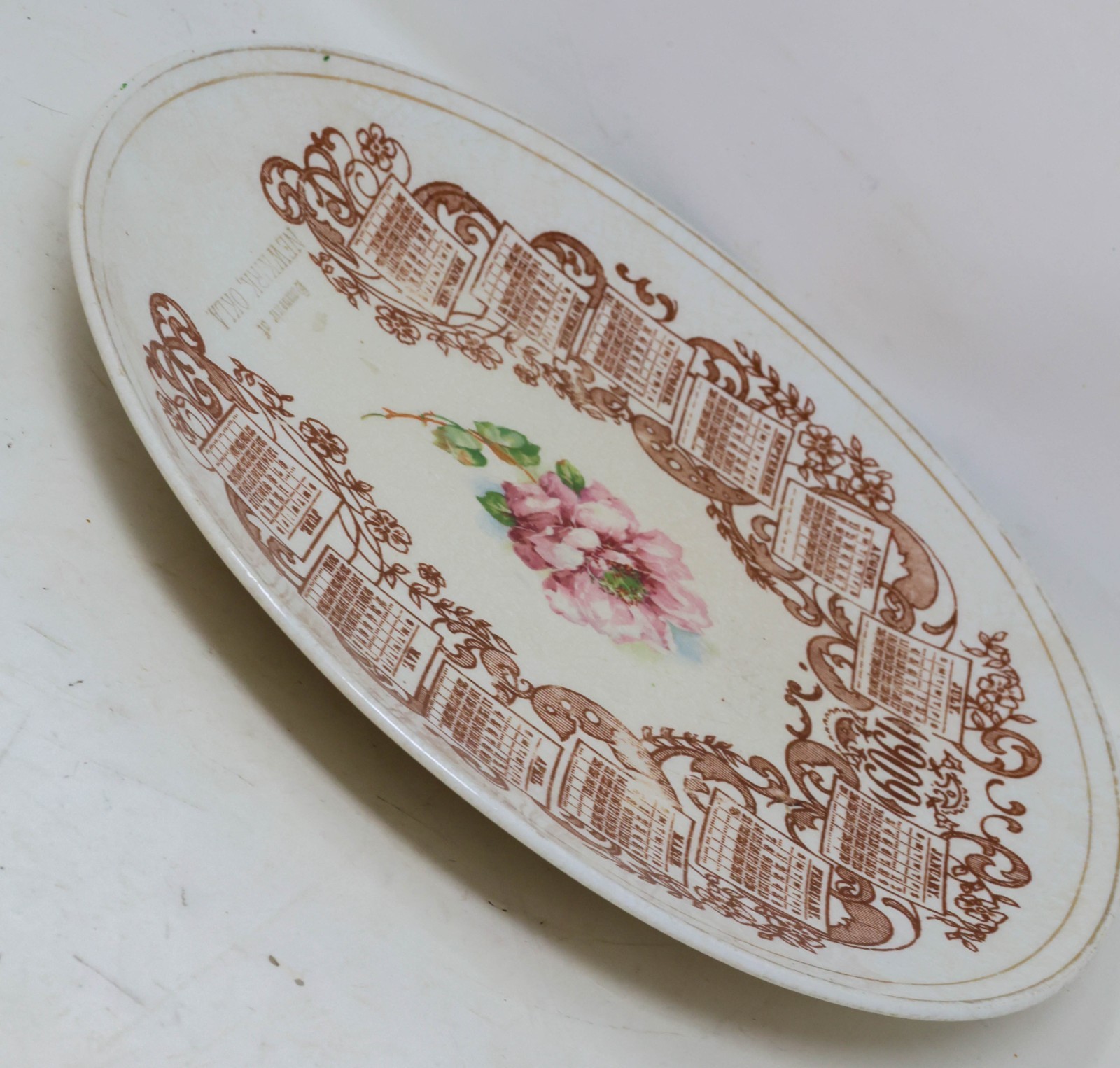Antique 1909 Souvenir Calendar Plate Newkirk Oklahoma Pink Rose American ChinaCo