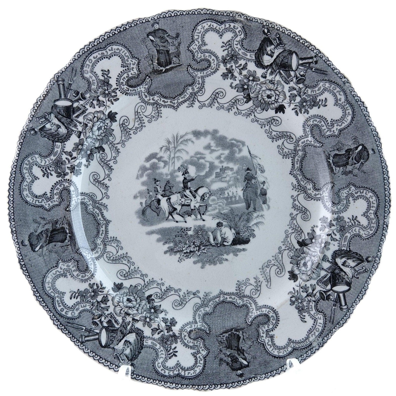 c1850 Texian Campaigne Historical Staffordshire Black Transferware 9.5″ plate J