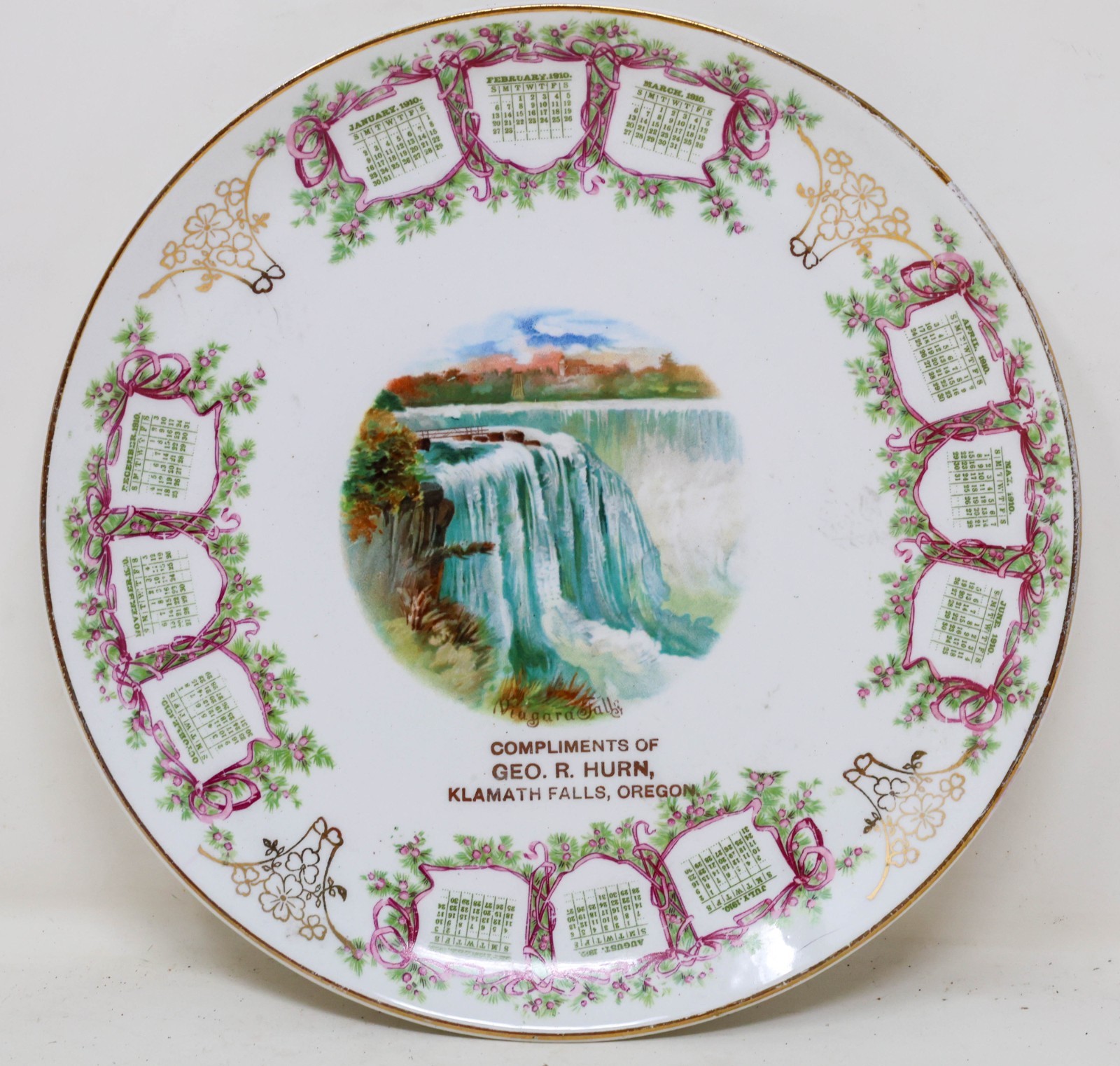 Antique 1910 Advertising Calendar Plate Klamath Falls Oregon Geo. Hurn Niagara