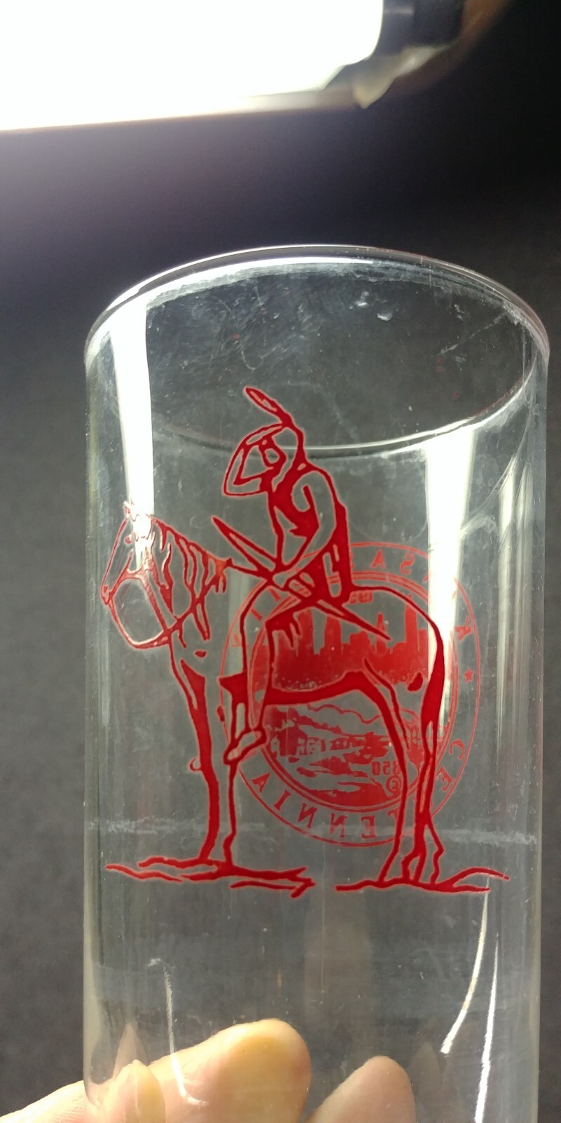 2 1850-1950 Kansas City Centennial Drinking Glass Yellow Red Indian Scout Horse
