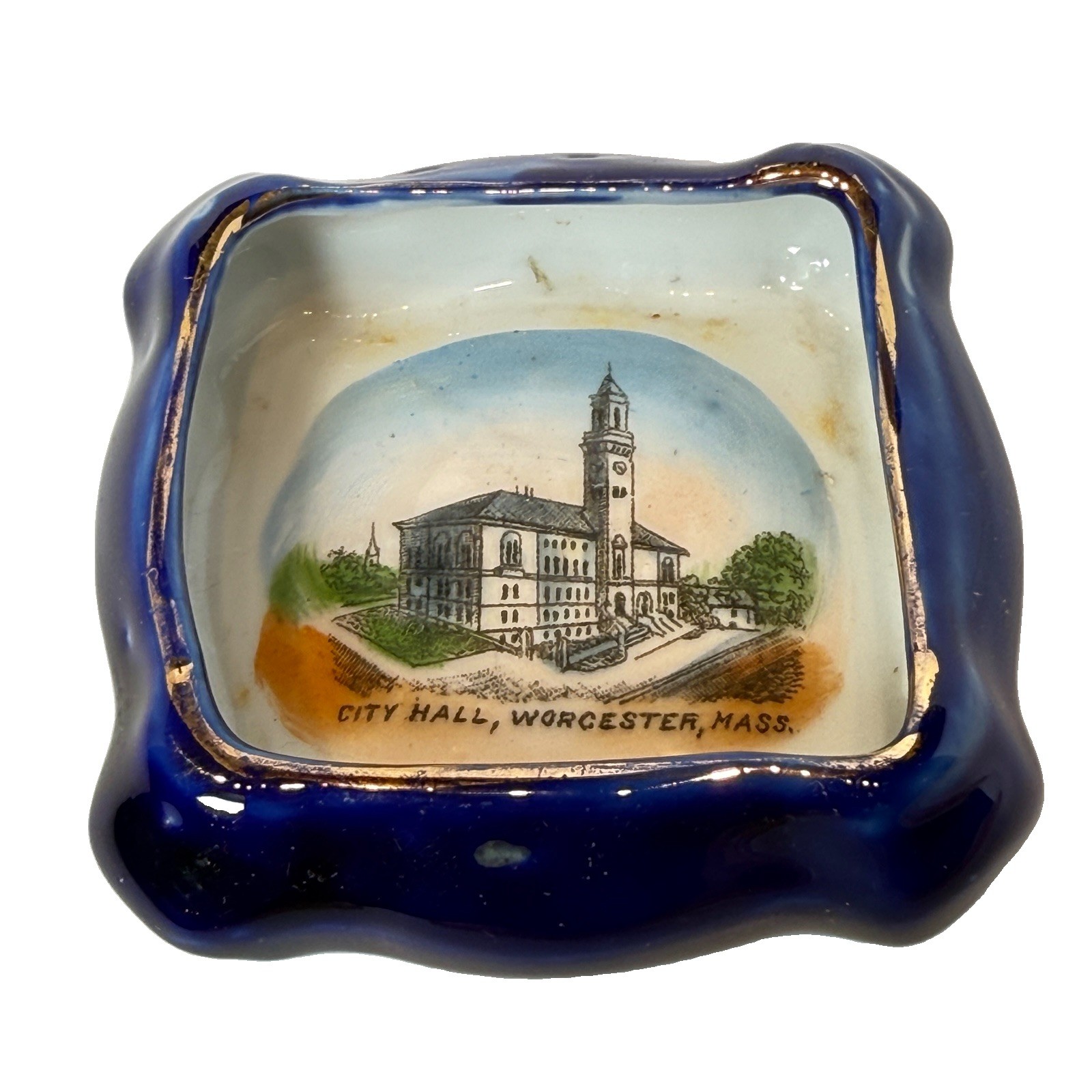 CITY HALL – WORCESTER MA Massachusetts Souvenir Porcelain COBALT TRINKET DISH