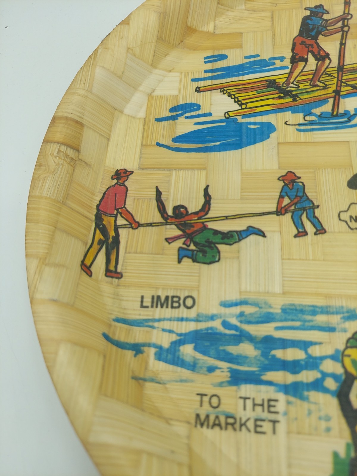 Jamaica Souvenir Bamboo Plate, Depicts Rafting Limbo Steel Drummer, 11″ Round