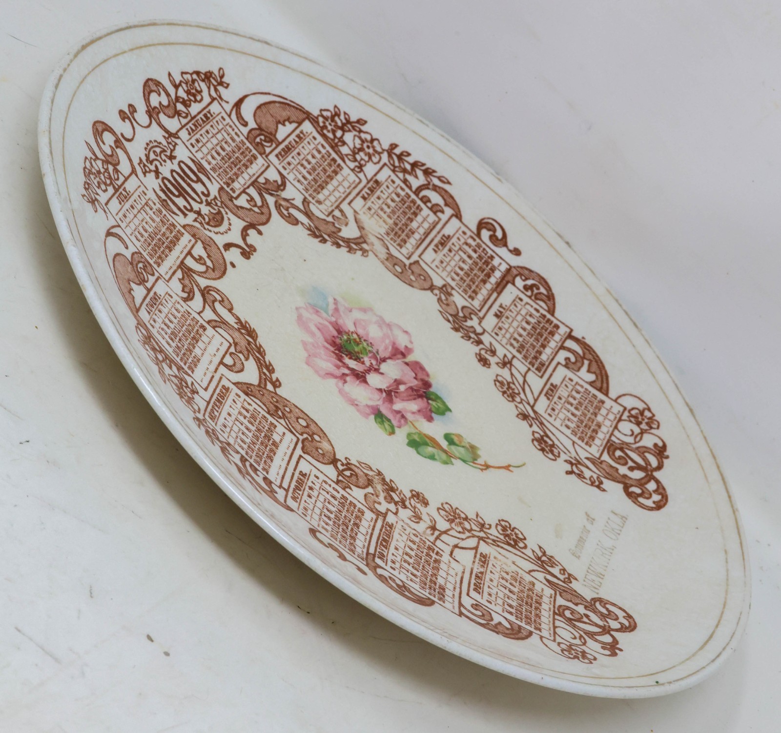 Antique 1909 Souvenir Calendar Plate Newkirk Oklahoma Pink Rose American ChinaCo
