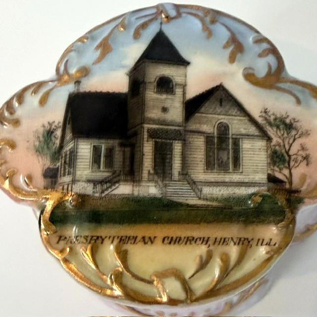 Early 1900s Henry Illinois Presbyterian Church Souvenir Trinket Box Lid Wheelock