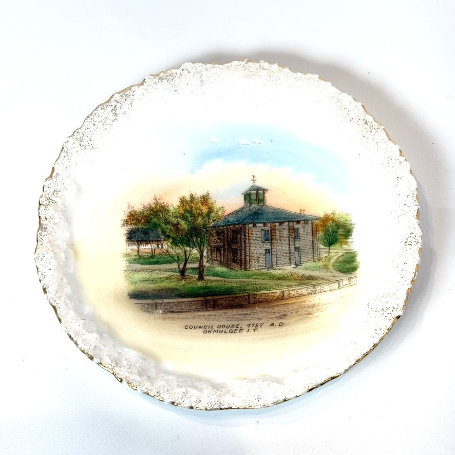 Okmulgee House INDIAN TERRITORY OKLAHOMA Antique Souvenir China TRINKET DISH