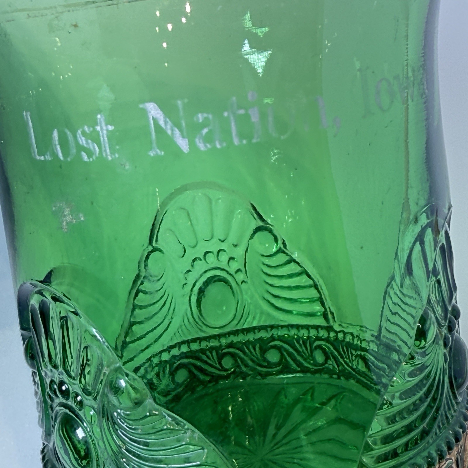 LOST NATION IOWA IA Antique GREEN Depression Glass Souvenir TRINKET CUP