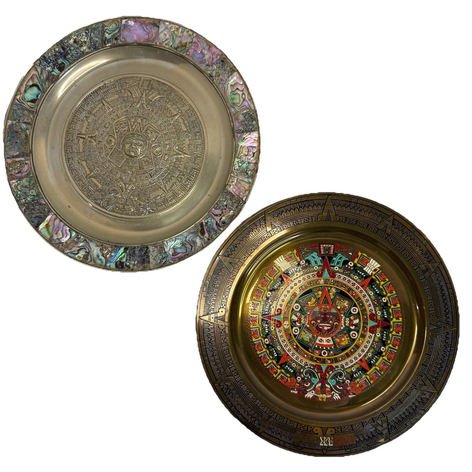 Vintage Set 11″ Aztec Sun Calendar Wall Plate Abalone Shell Inlay & Brass Mexico