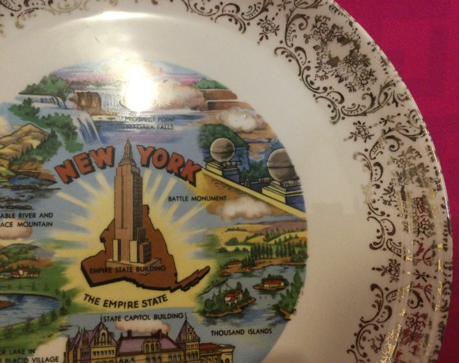 Vintage New York State Souvenir Plate Gold Inlay Trim Collectible 9 in