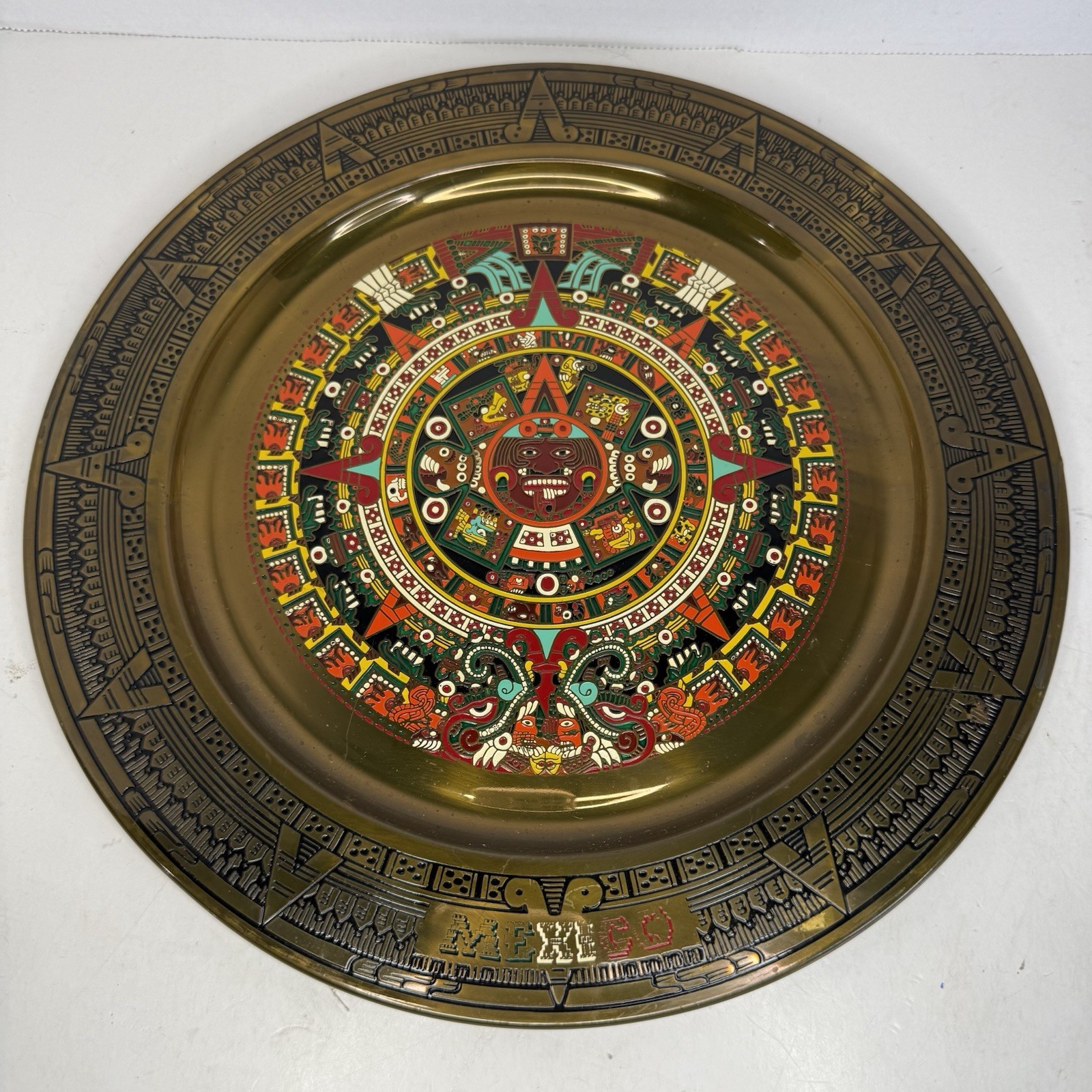 Vintage Set 11″ Aztec Sun Calendar Wall Plate Abalone Shell Inlay & Brass Mexico