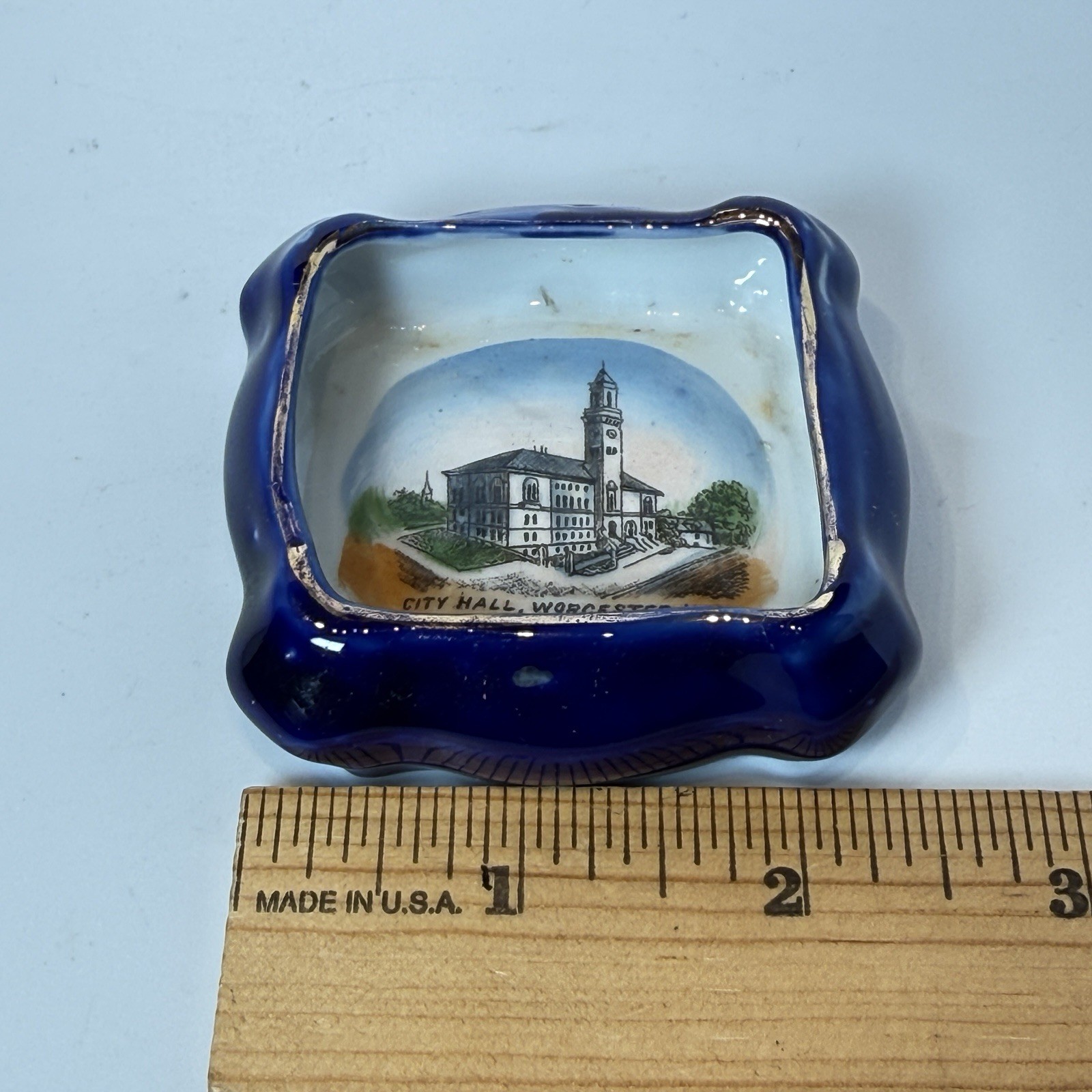 CITY HALL – WORCESTER MA Massachusetts Souvenir Porcelain COBALT TRINKET DISH