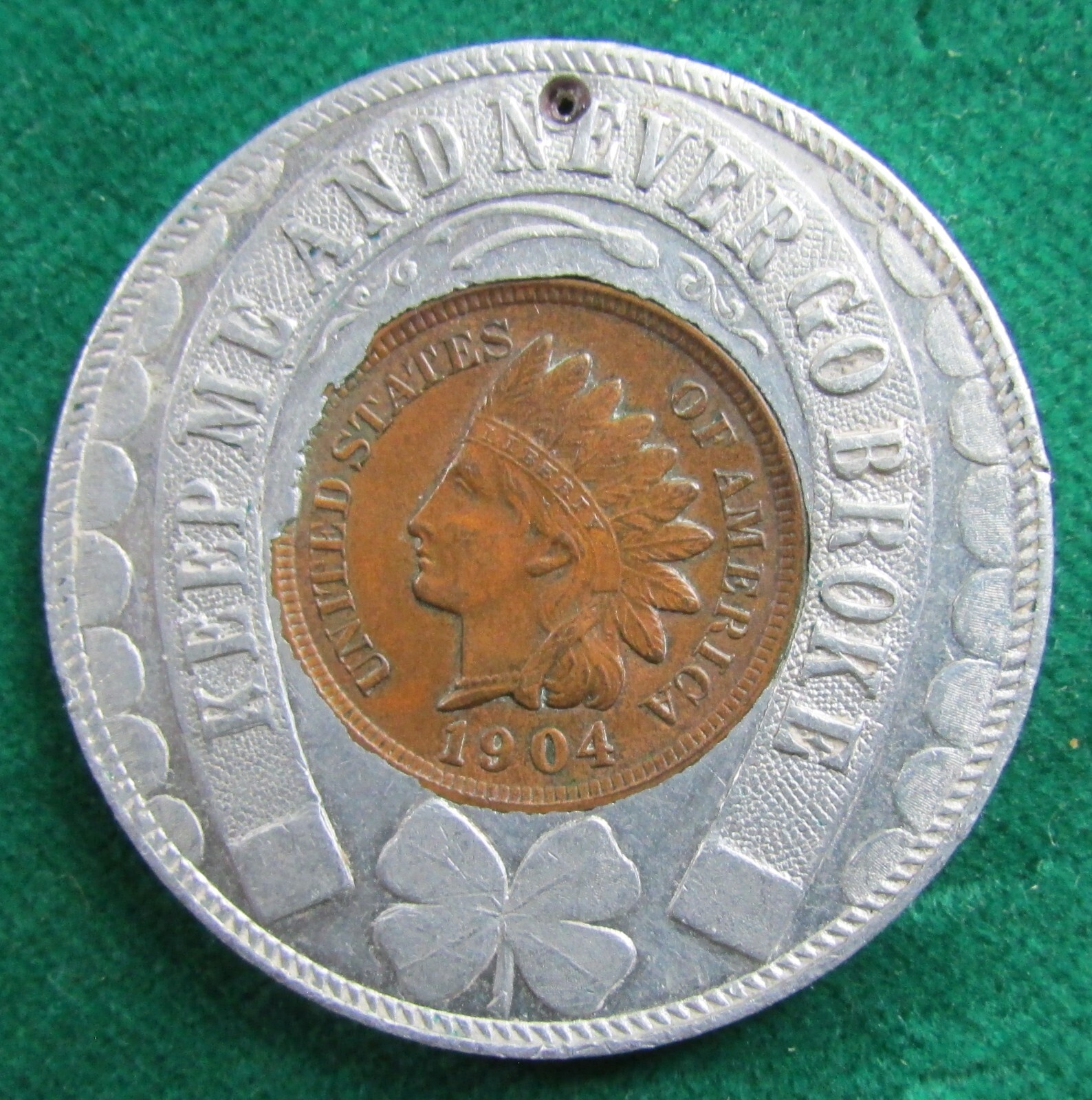 1904 Encased Indian Head Penny Cent Niagara Falls Souvenir Pocket Piece